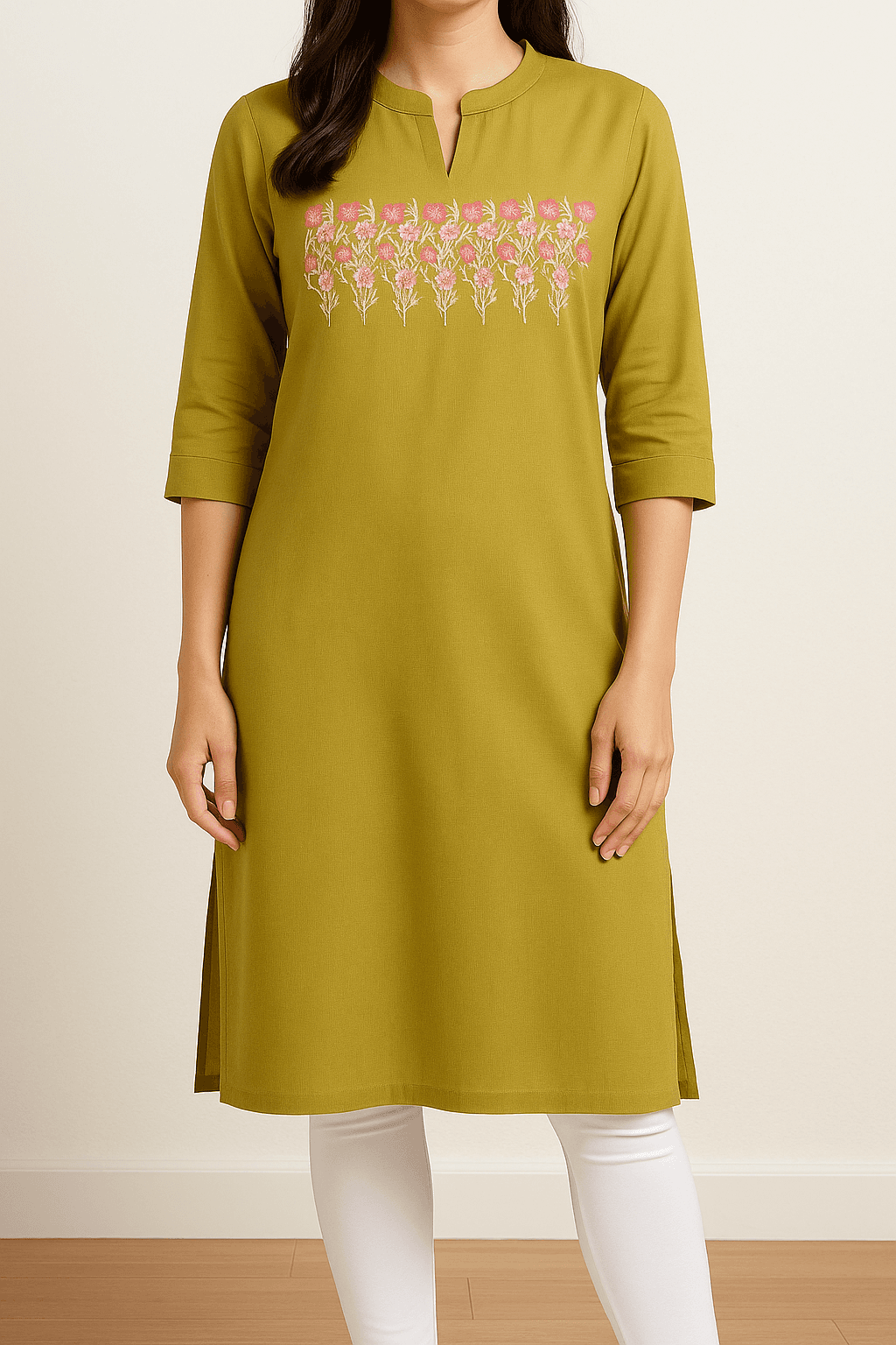 Olive Green Straight-Cut Kurti in Cotton Silk