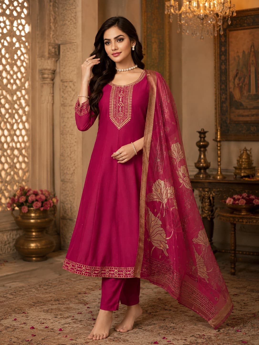 Anarkali Pattern Kurti Pant Dupatta Set in Pink, Vetican
