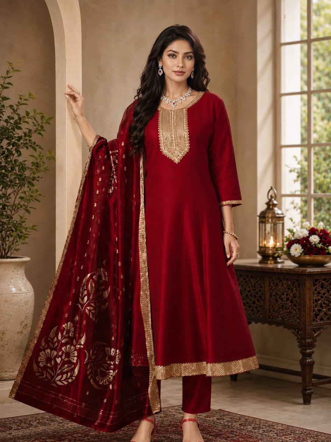 Anarkali Pattern Kurti Pant Dupatta Set in Red, Vetican