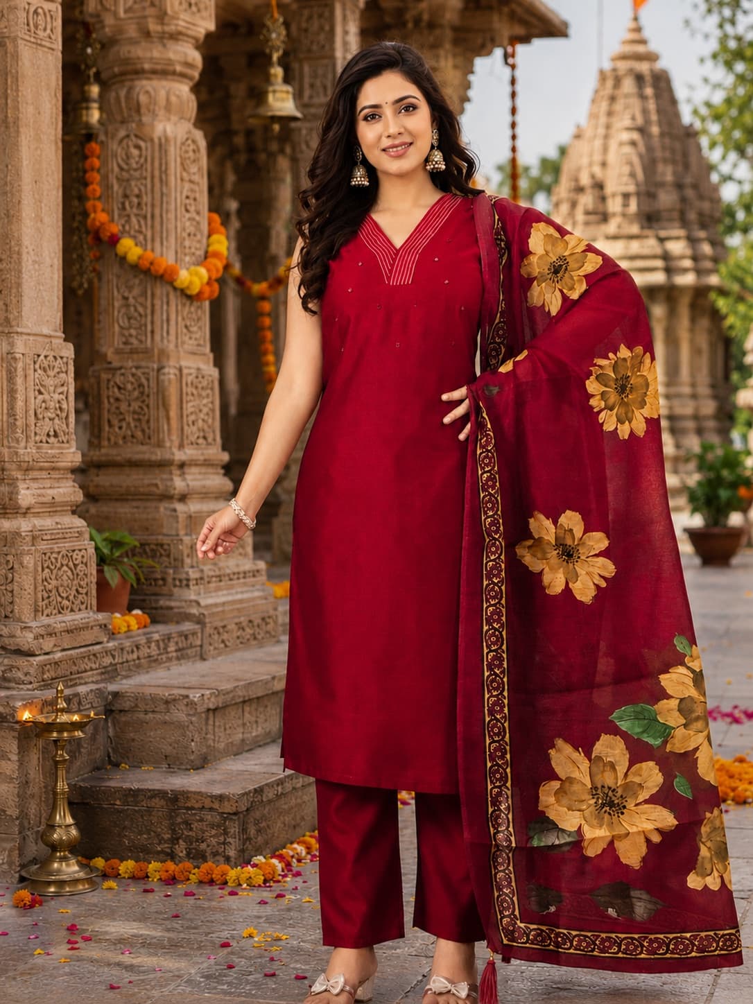 Red VeticáN Kurti Set With Chanderi Digital Dupatta (With Pocket)