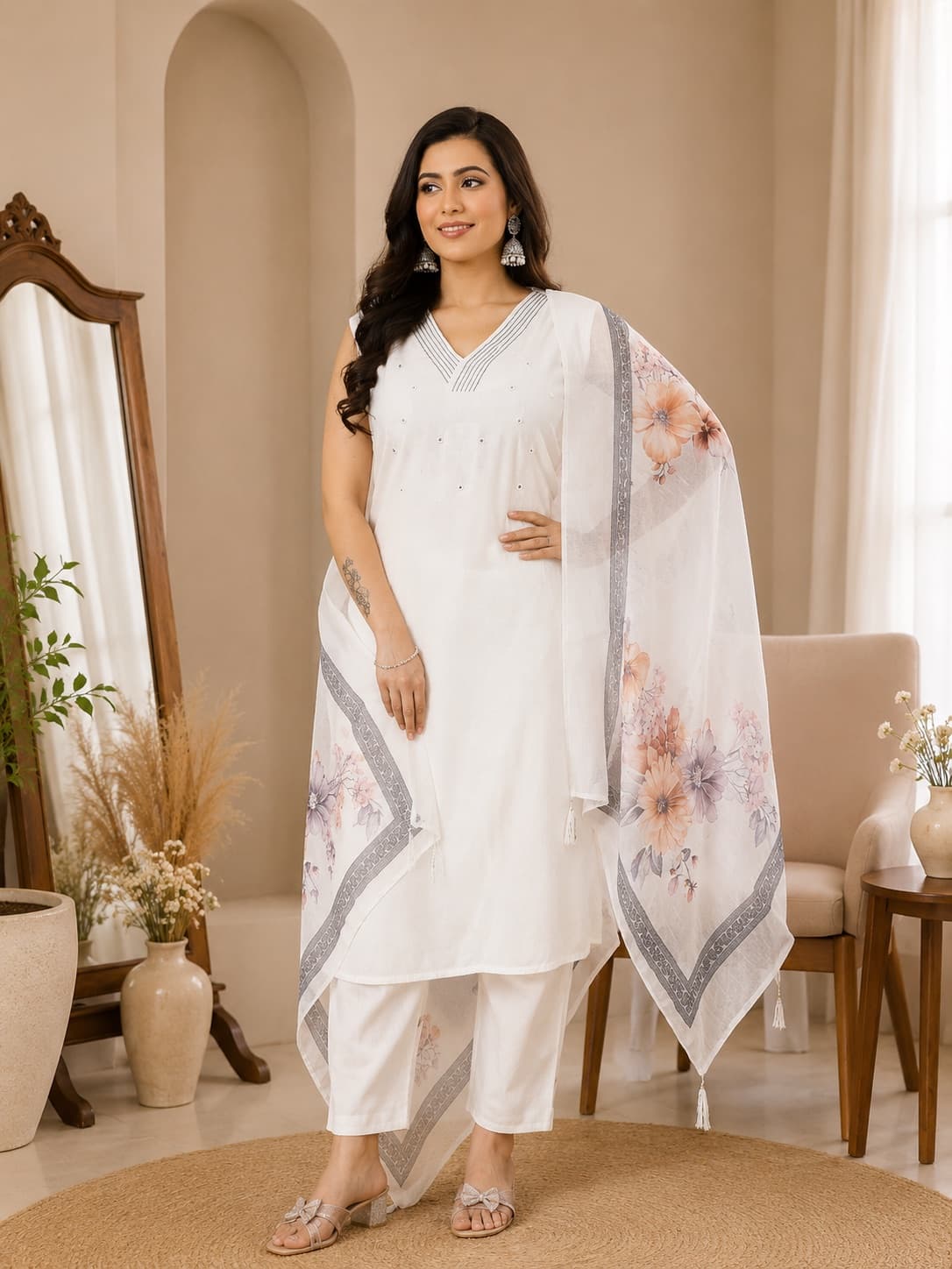 Elegant White VeticáN Kurti Set With Chanderi Digital Dupatta (With Pocket)