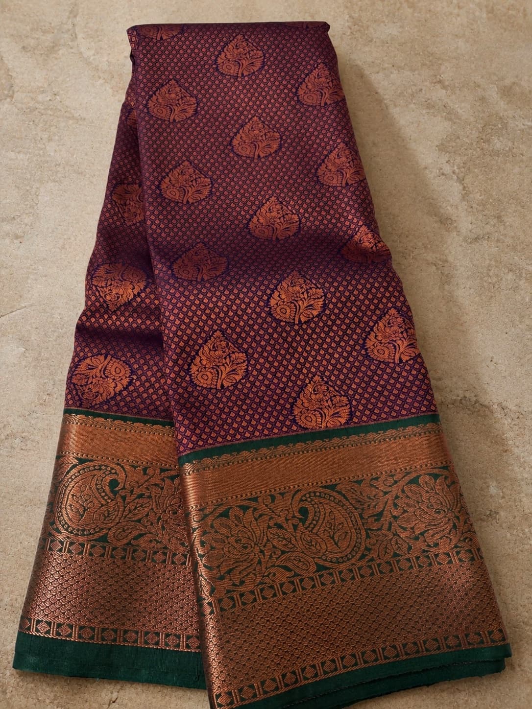 Kottanji Border Semi Silk - Purple With Green Border saree