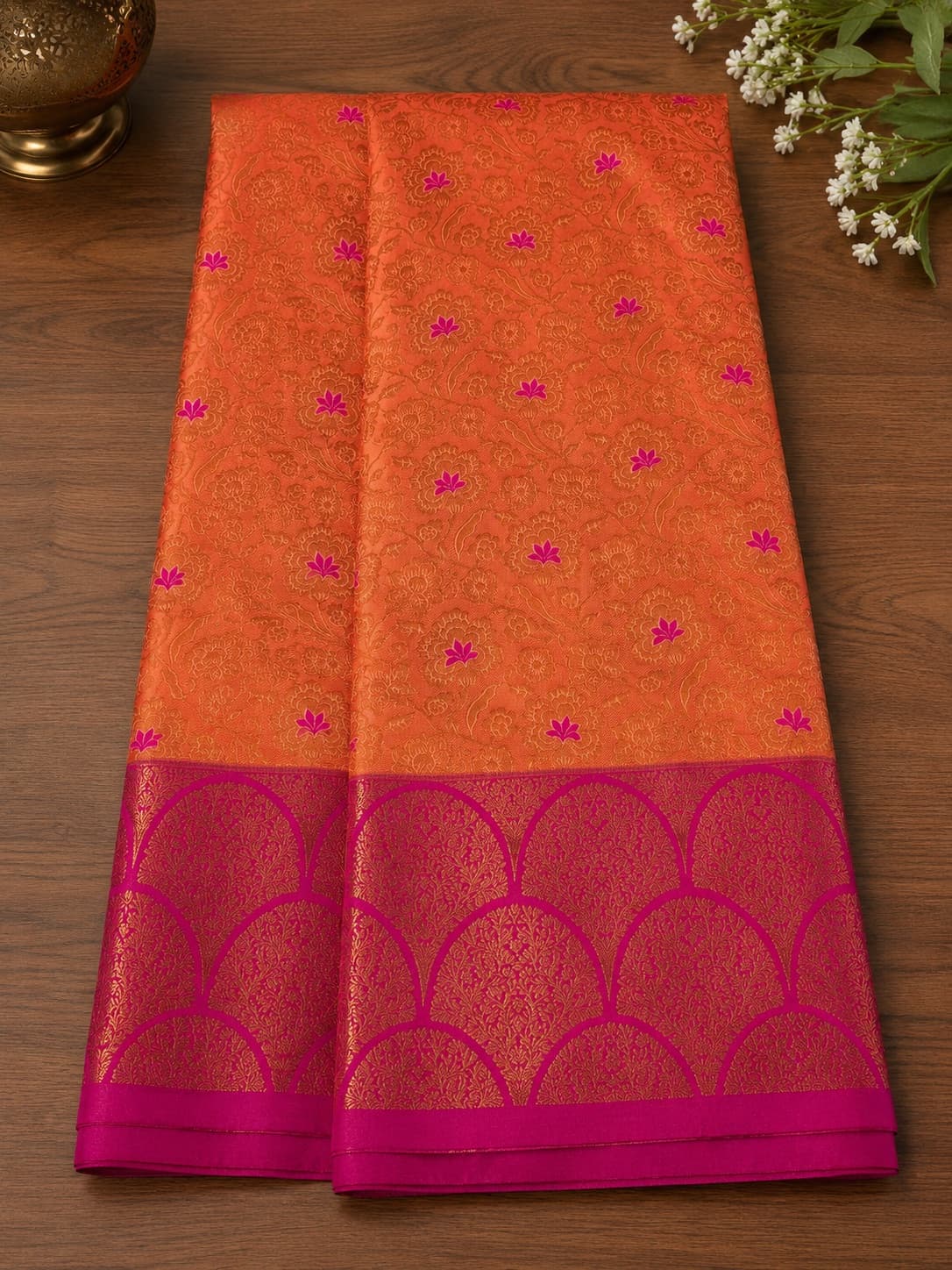 Semi Silk - Orange With Pink Border saree