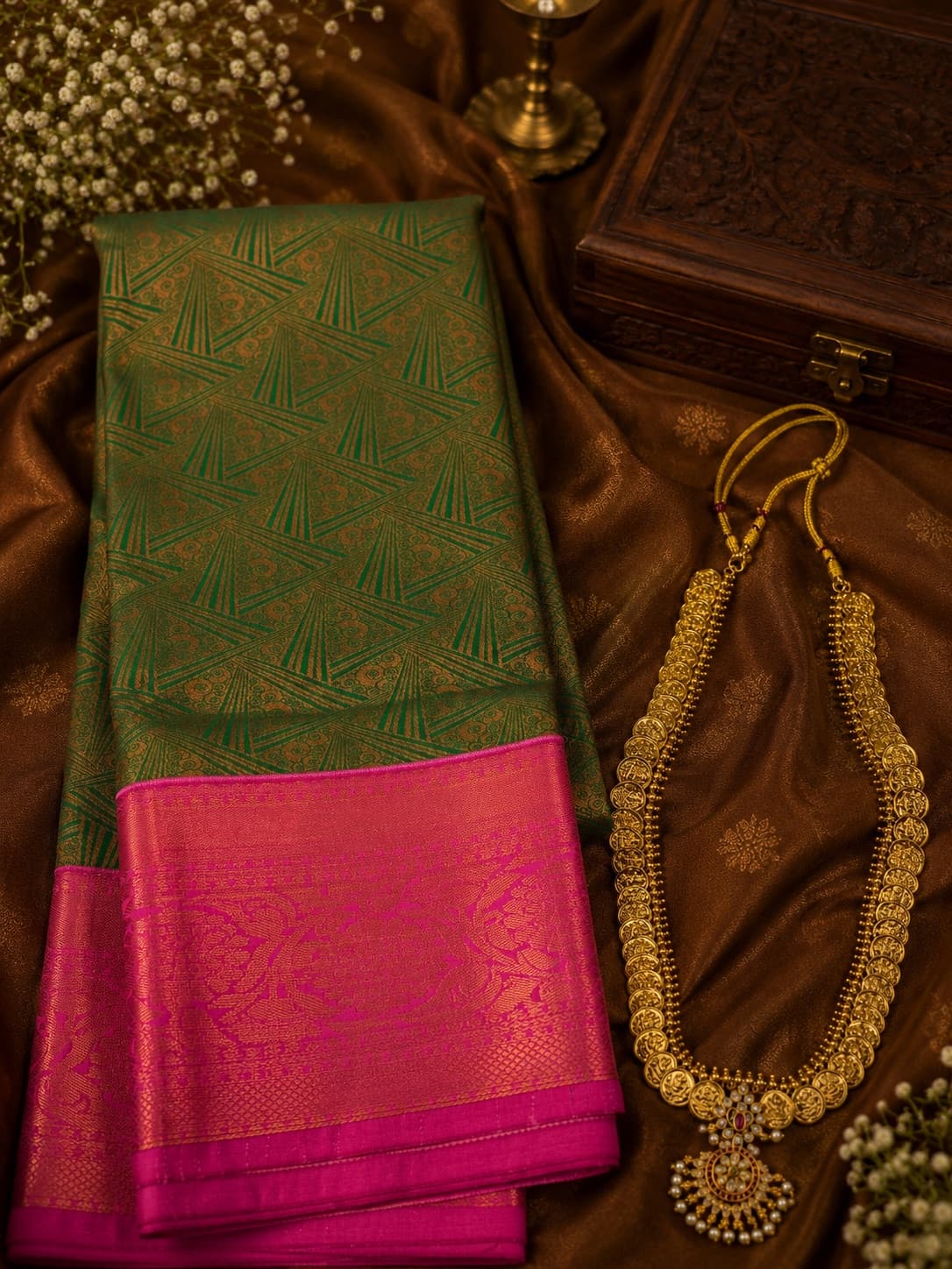 Kottanji Border Semi Silk - Green With Pink Border