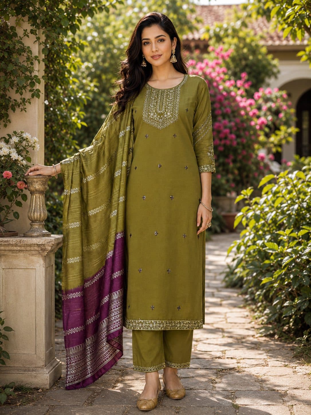 Kurti Set in Olive Green, Semi Silk