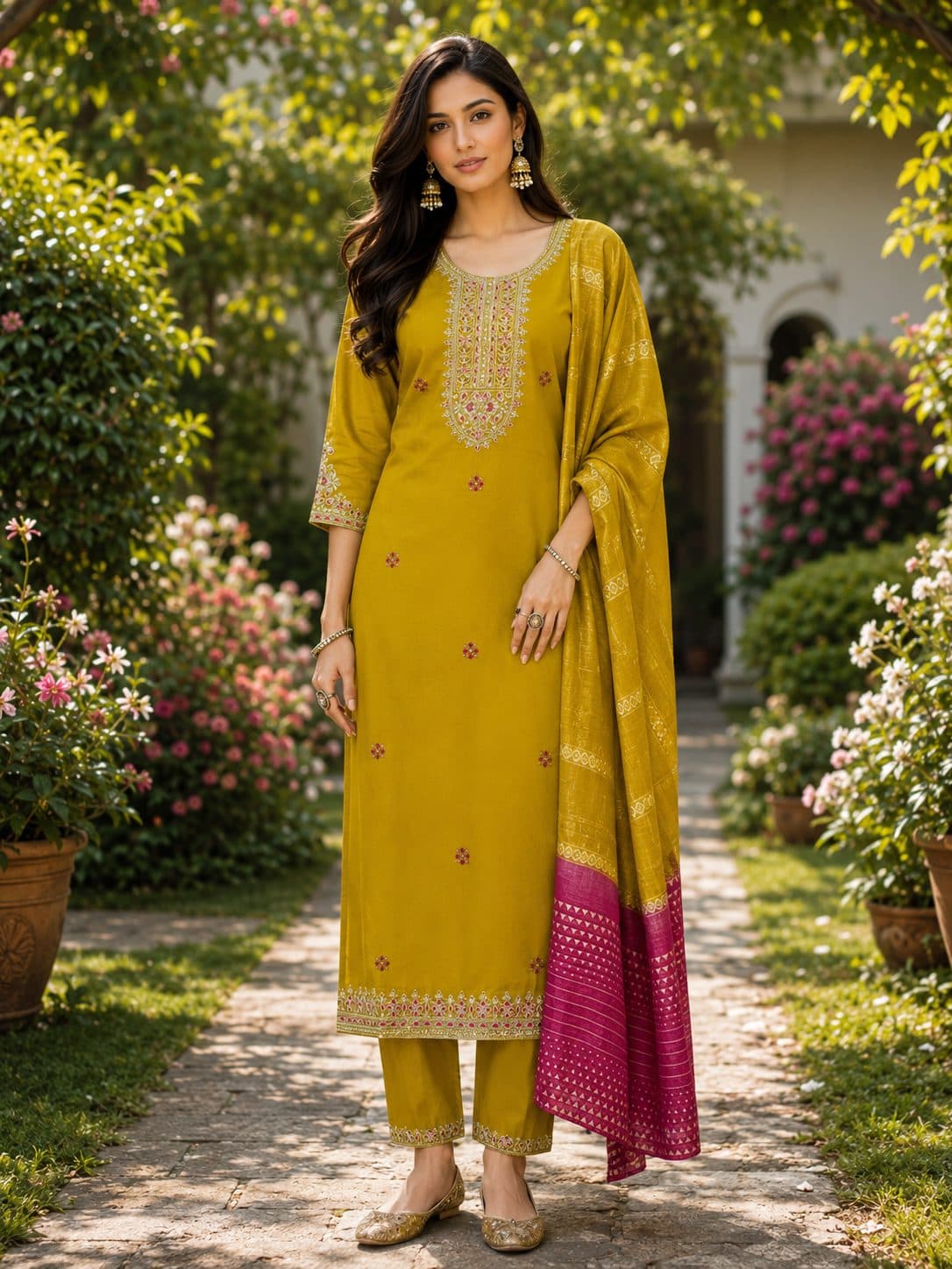 Kurti Set in Mustard With Pink Dupatta, Semi Silk