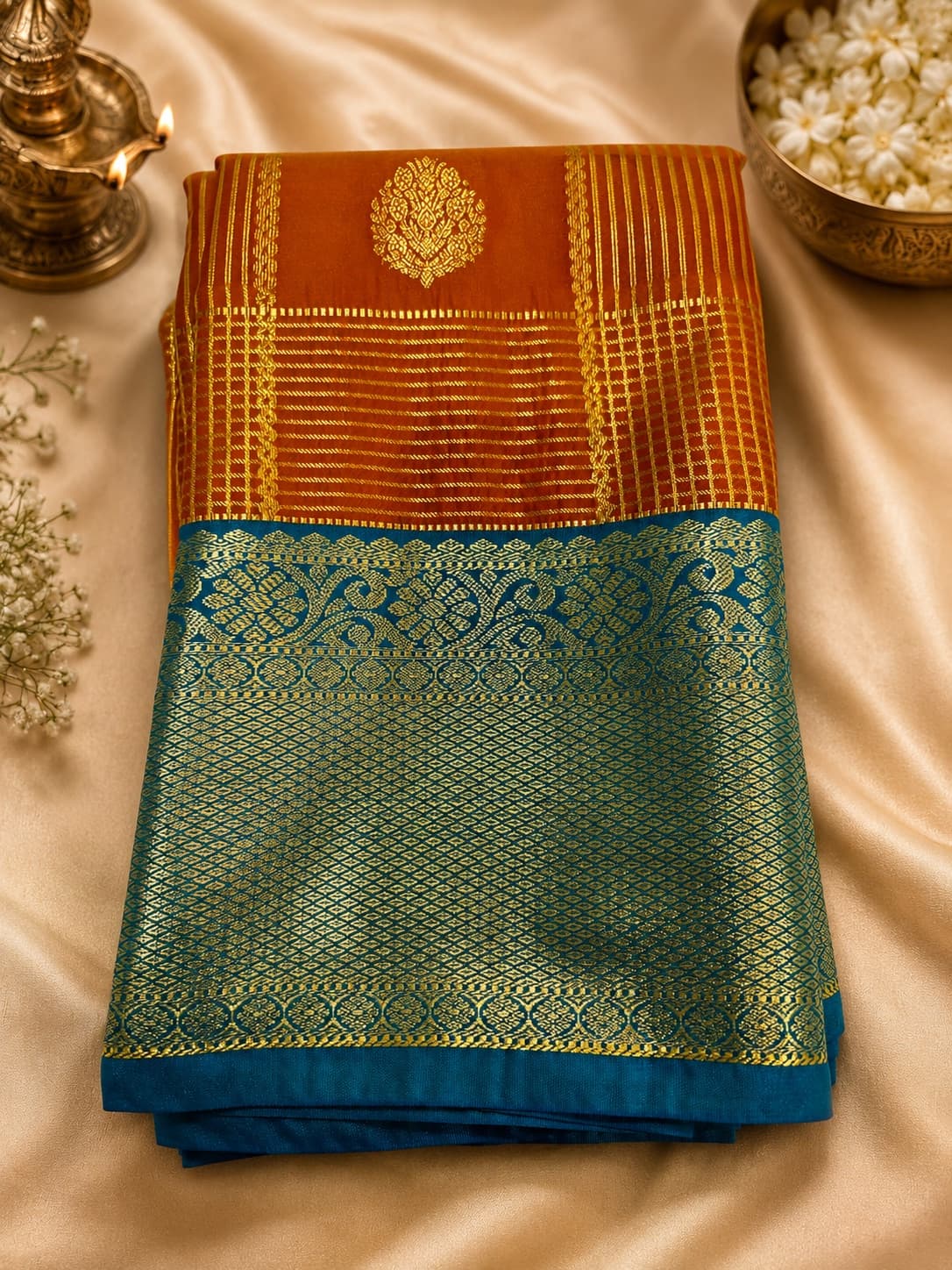 Orange, Turquoise Kanchi Silk Saree