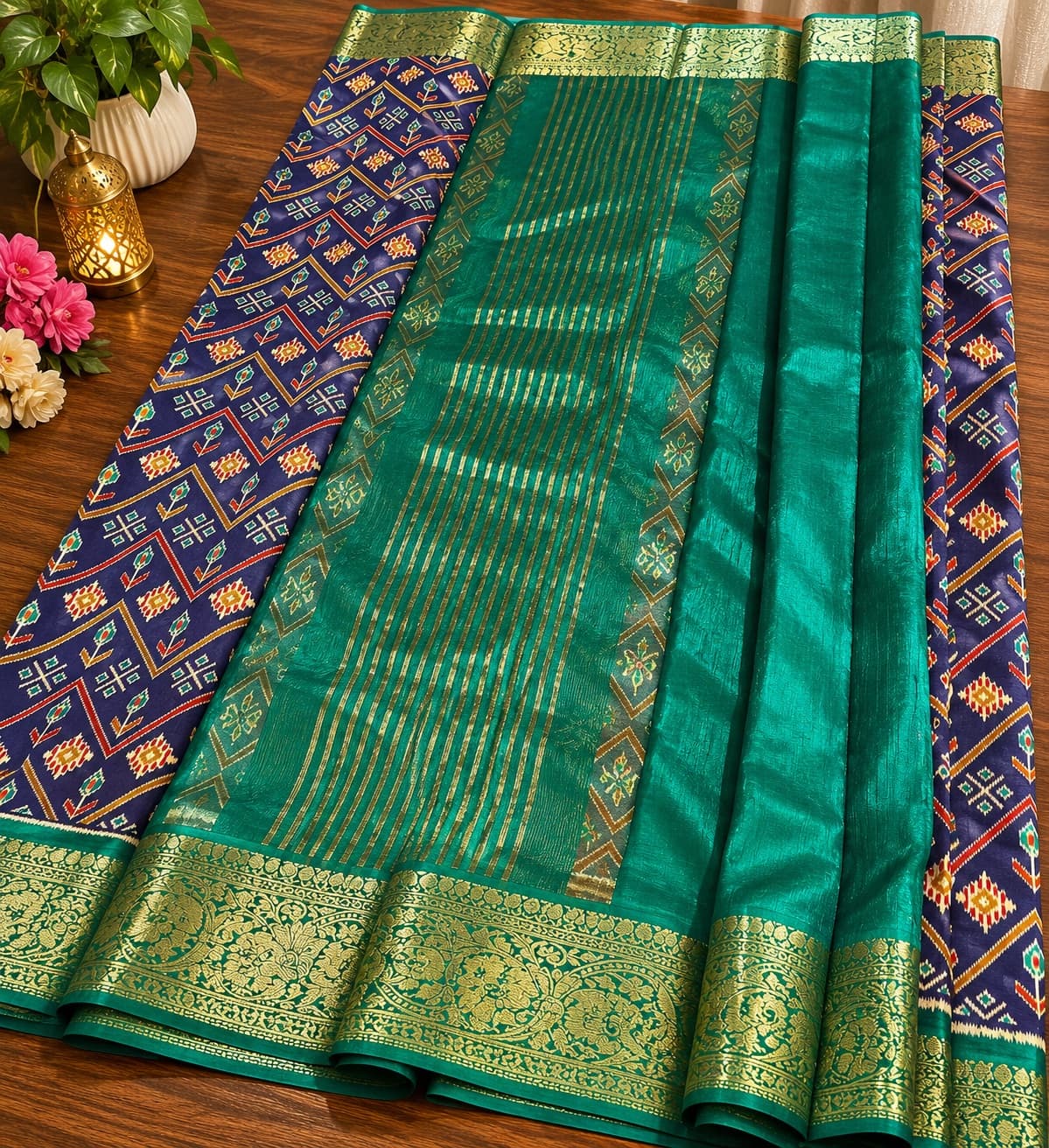 Blue, Green Semi Silk Saree in Ikat Silk