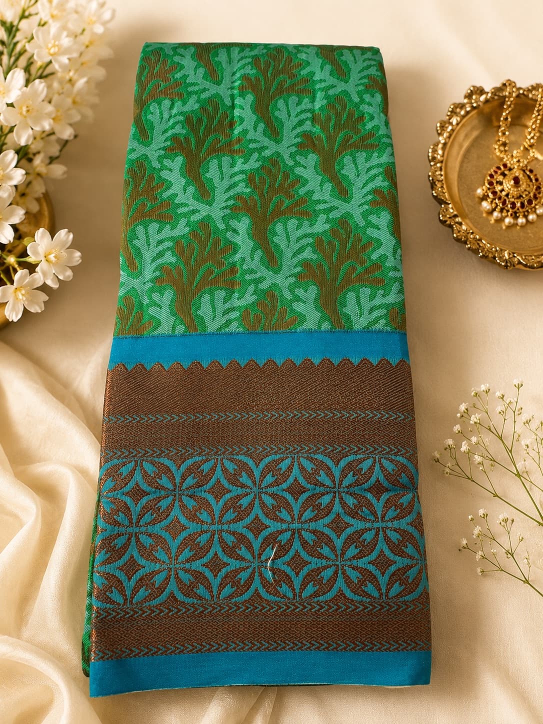 Green With Blue Border - Samudrika Pattu