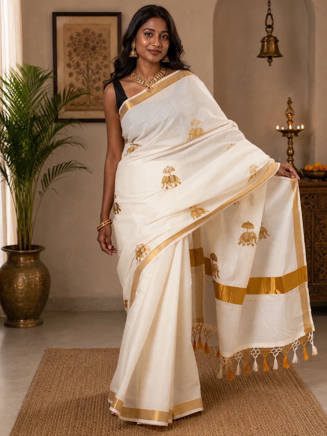 Off-White Traditional Kerala Kasavu Saree