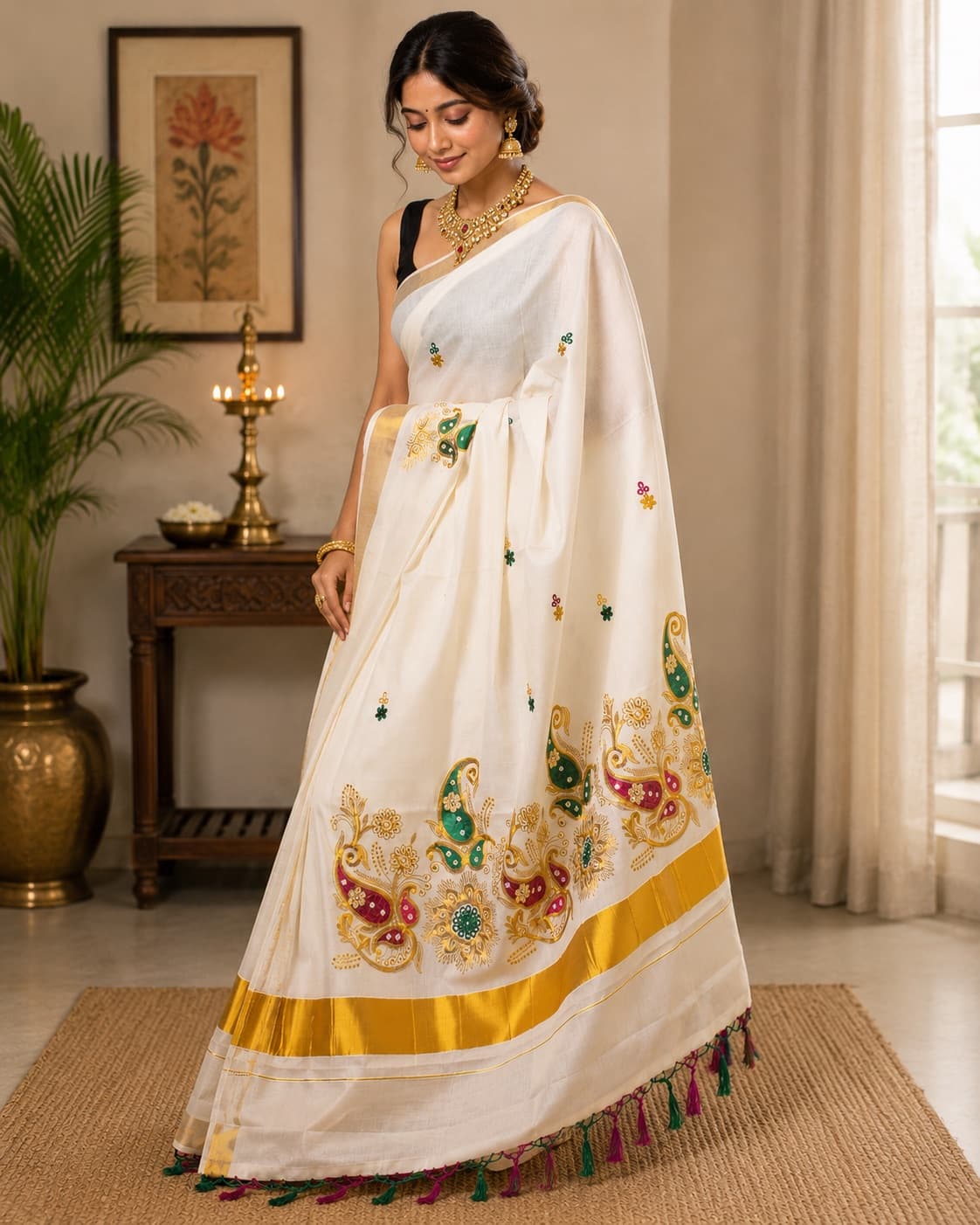 Off-White Traditional Kerala Kasavu Saree