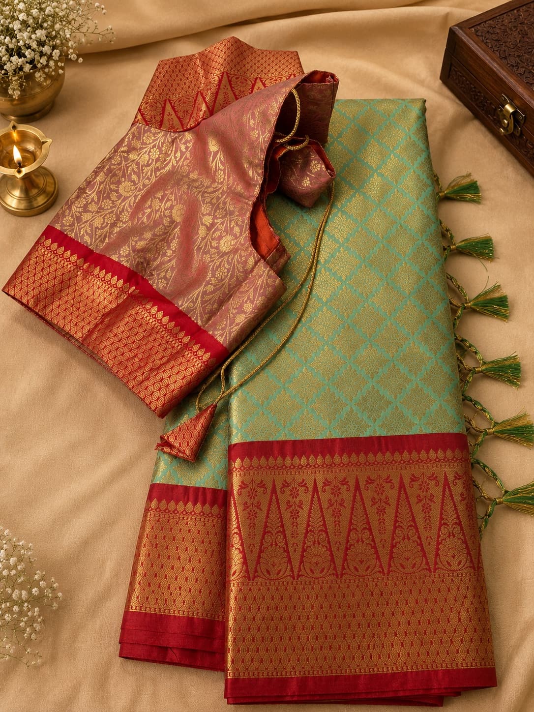 Green, Red Korvai Kanchi Silk Saree