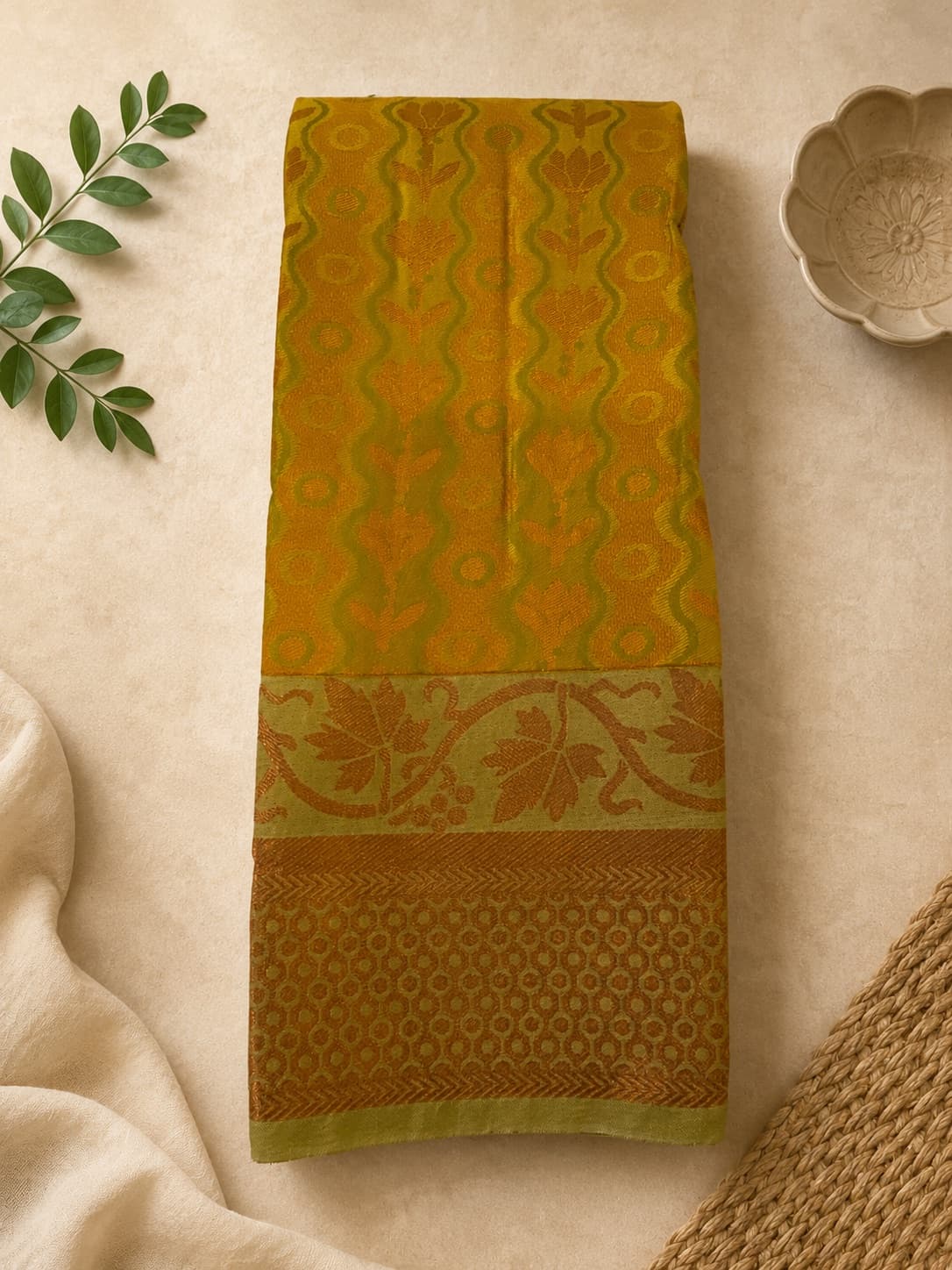 Samudrika Pattu - Yellow With Green Border