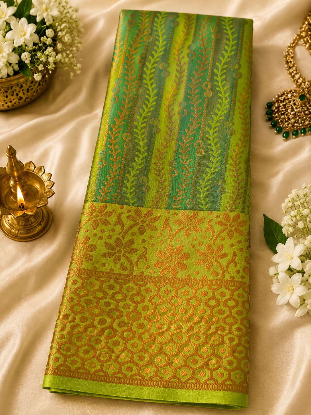 Green With Parrot Green Border - Samudrika Pattu