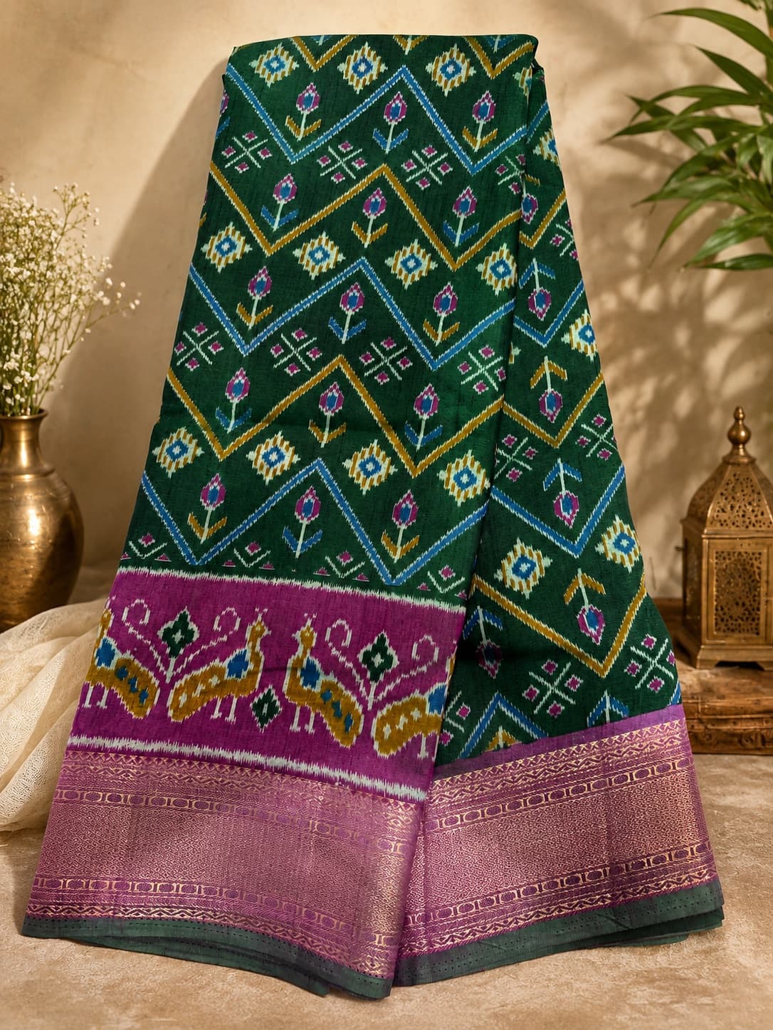 Green Semi Silk Saree in Ikat Silk