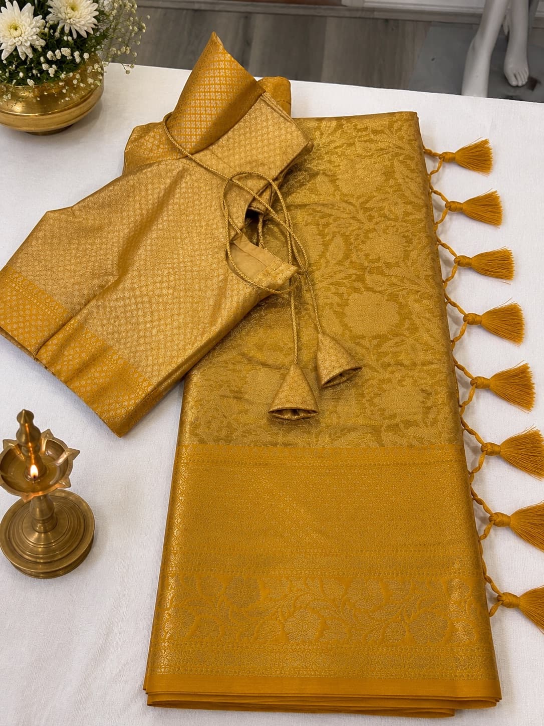 Gold, Yellow Korvai Kanchi Silk Saree