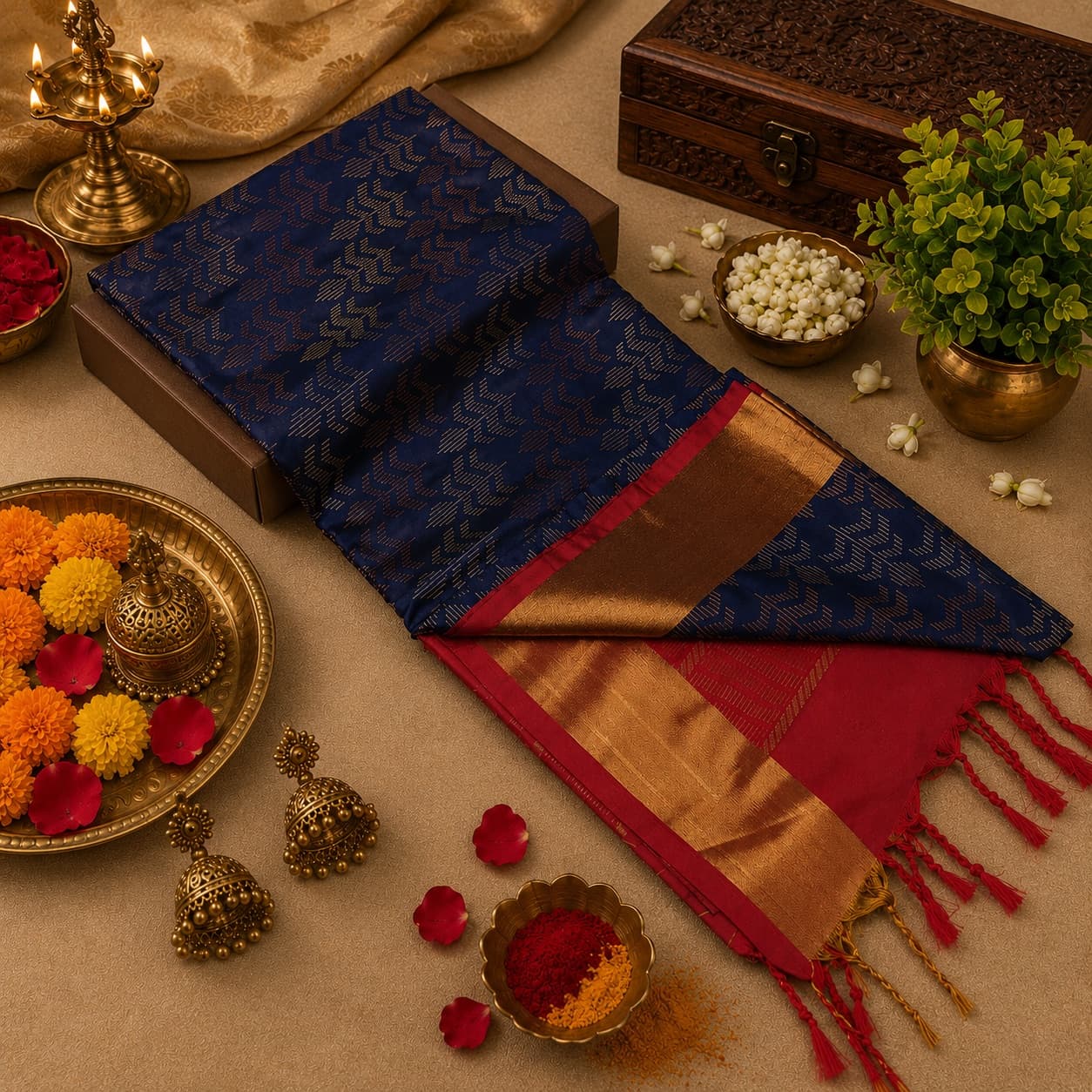 Navy Blue And Red Zari Woven Saree