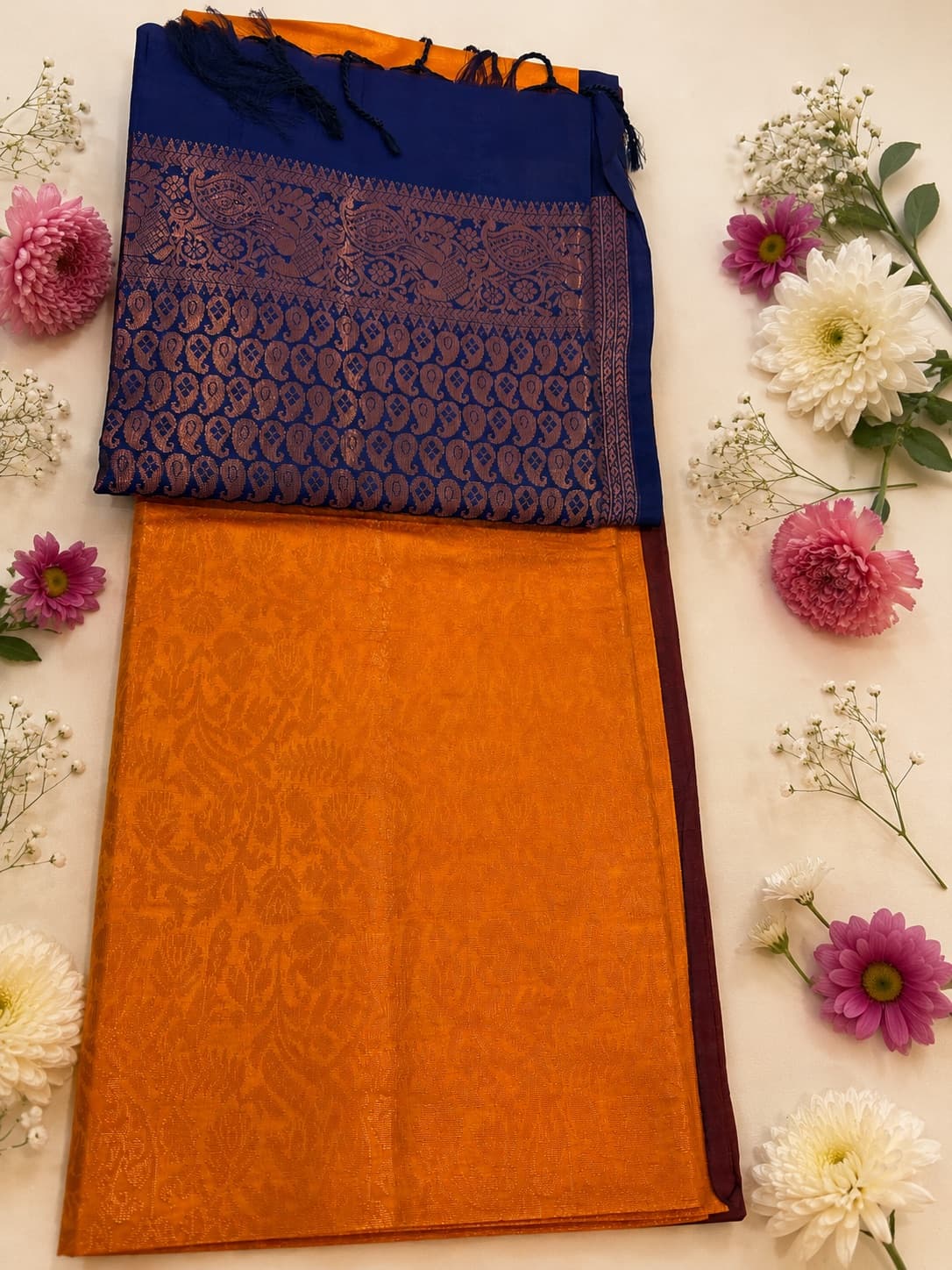 Yellow Soft Silk Saree With Blue Pallu