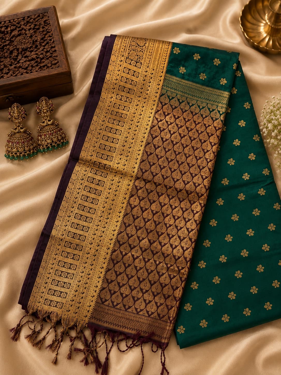 Green Kanjivaram Silk Saree With Coin Necklace