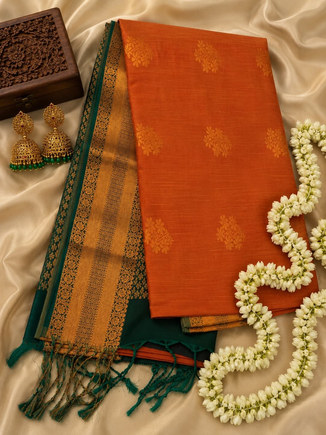 Rust Orange And Green Pallu Kanjeevaram Silk Saree