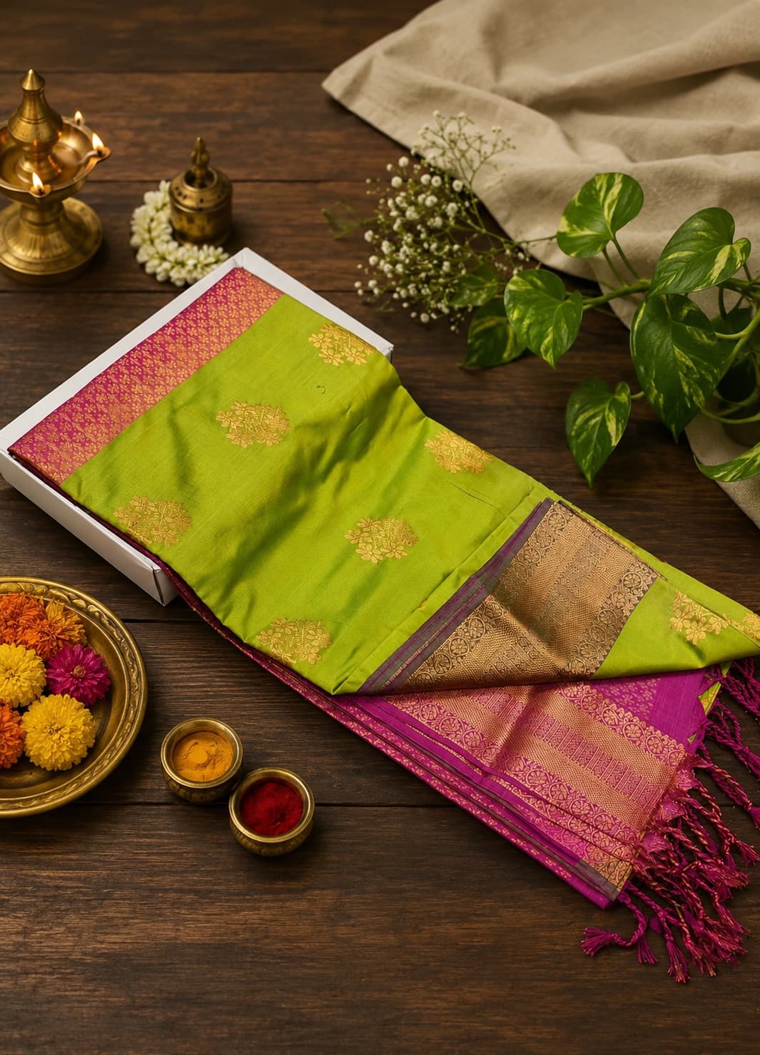 Vibrant Green And Pink Kanjeevaram Silk Saree