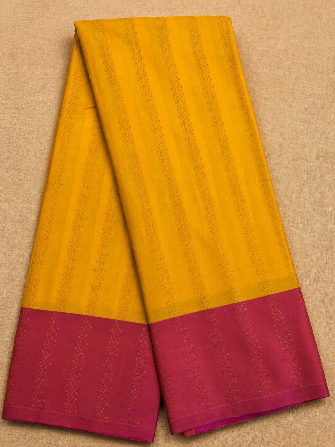 Mustard Yellow Silk Saree With Pink Border