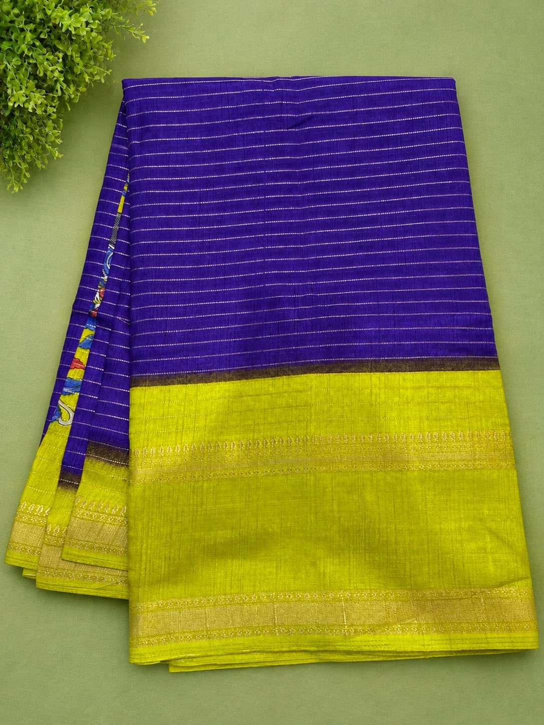 Vibrant Blue And Green Striped Saree