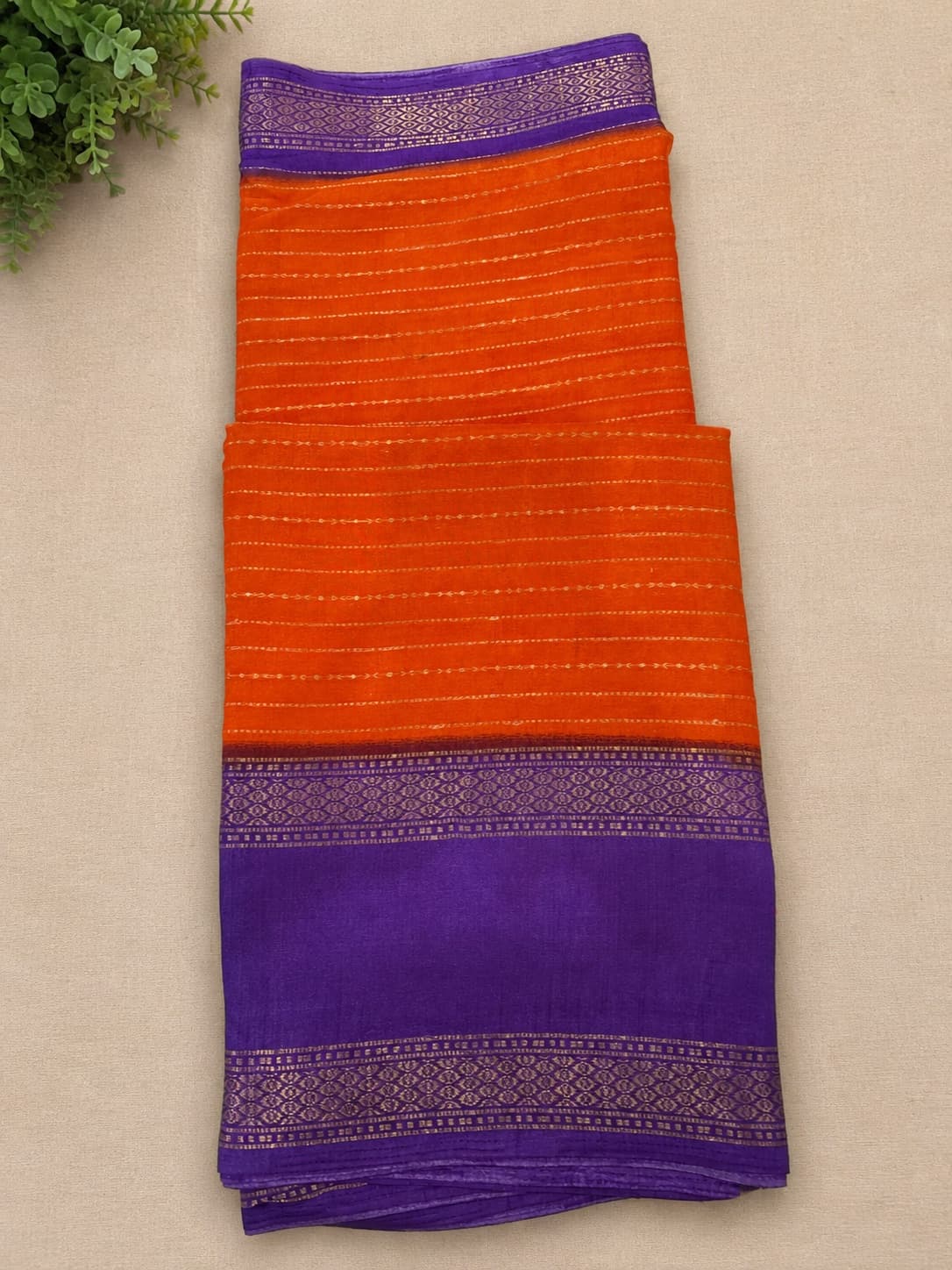 Orange And Purple Striped Saree With Zari Border