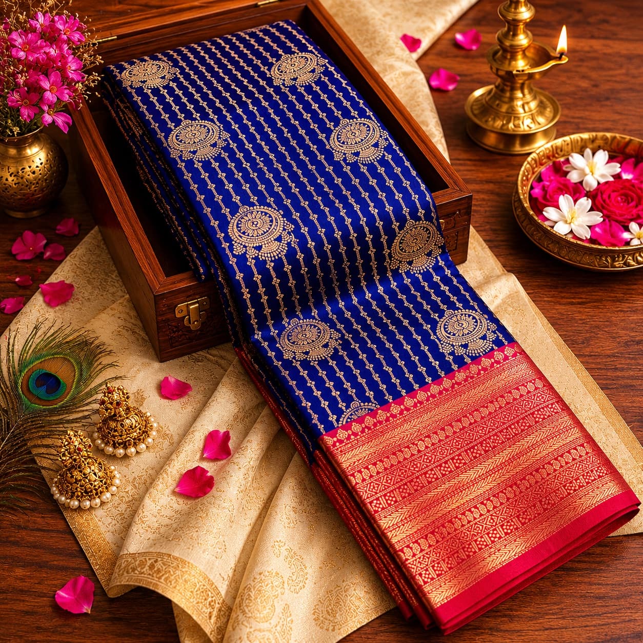 Blue And Red Silk Saree