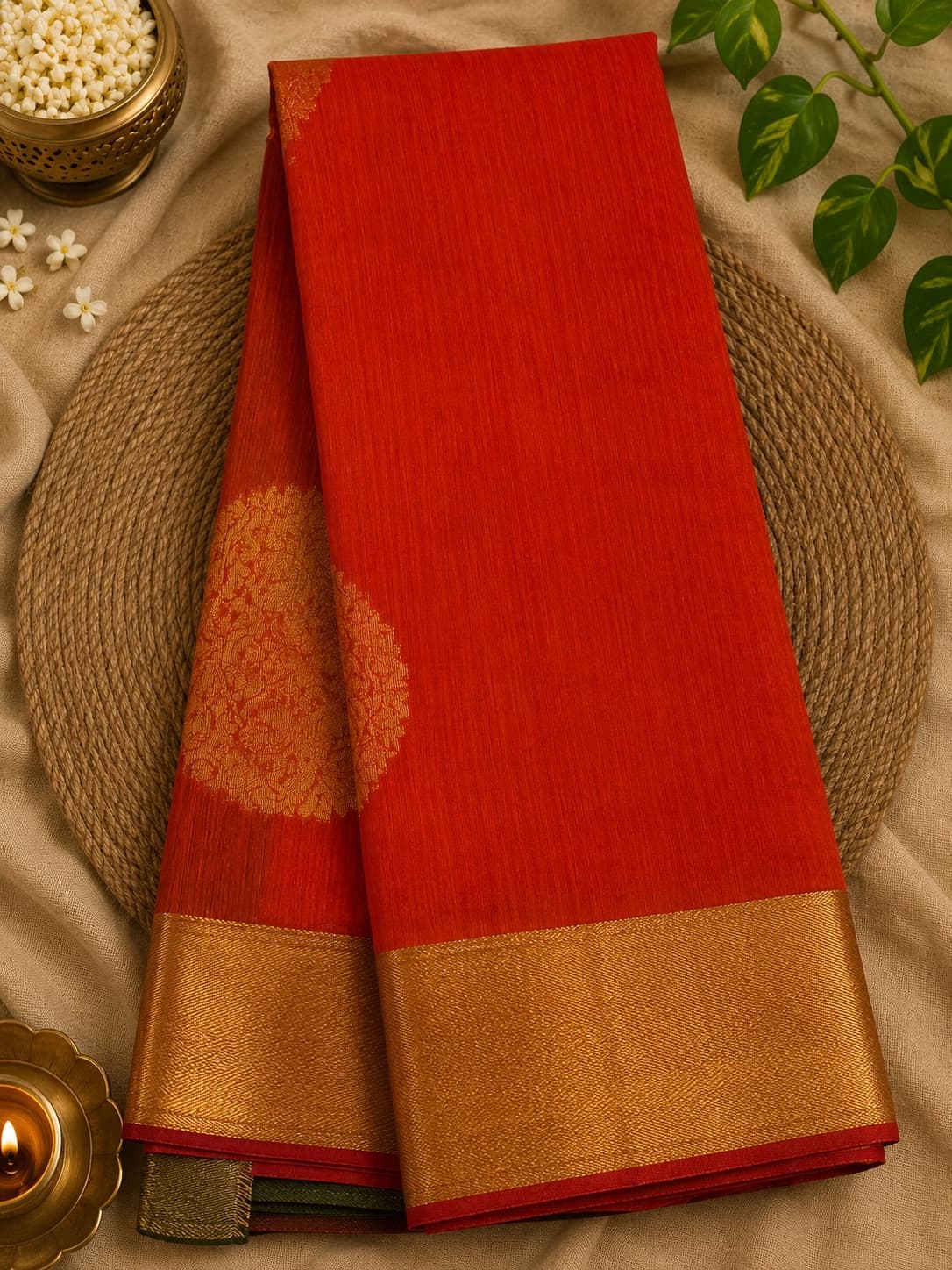 Orange And Gold Zari Work Saree