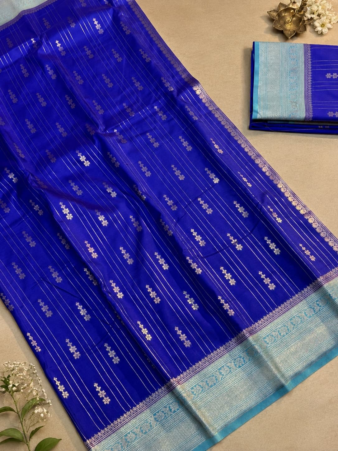 Blue Silk Saree With Silver Zari Design