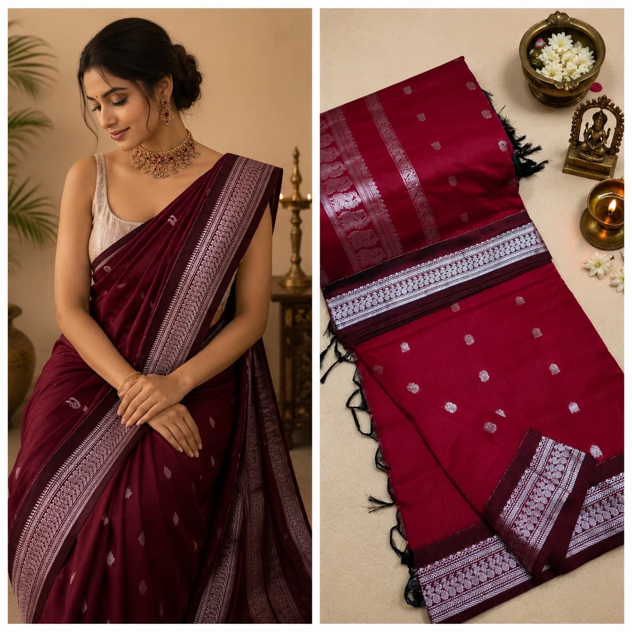 Maroon Silver Border Saree With Buttis