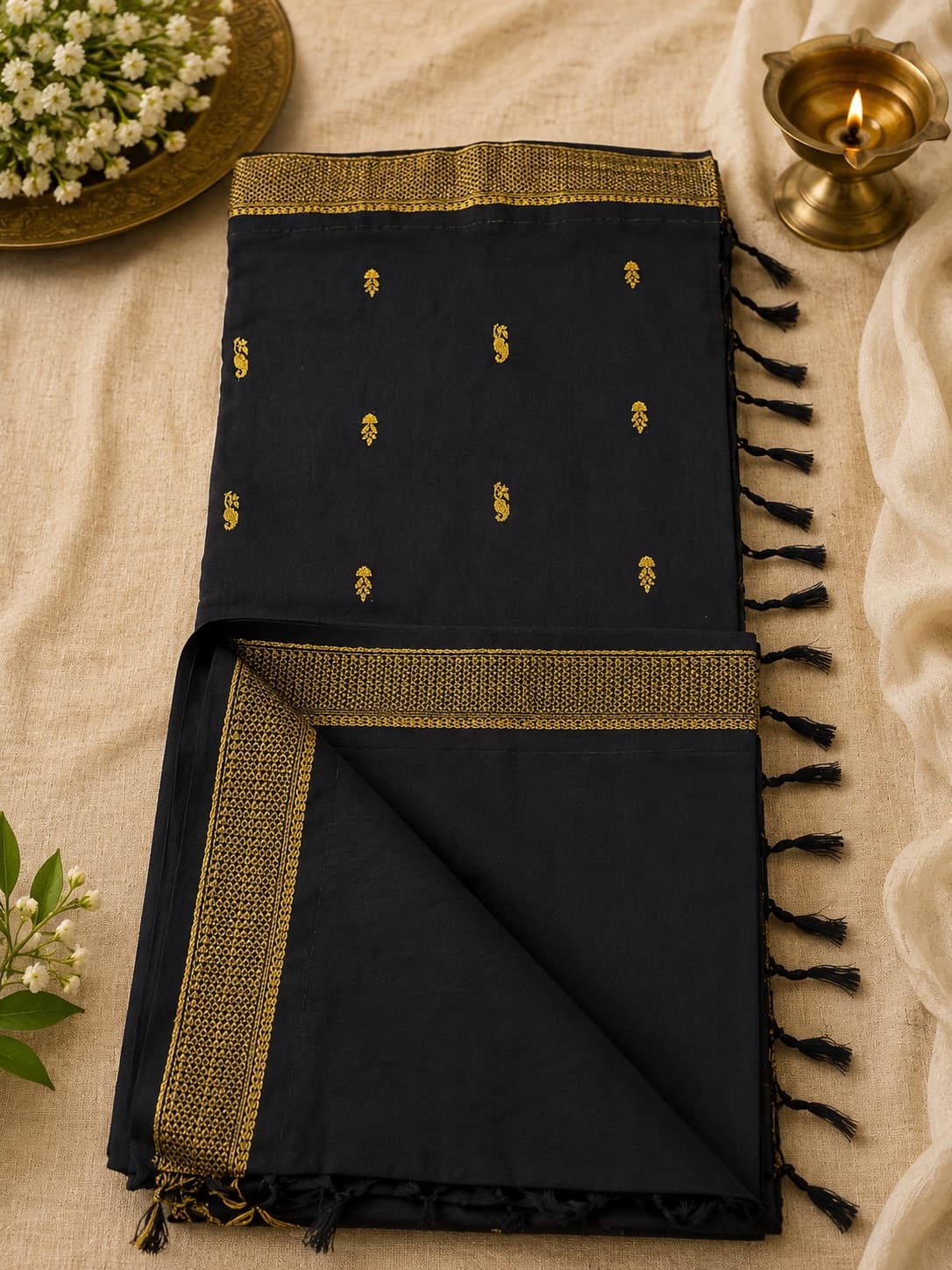 Black With Gold Zari Border Saree