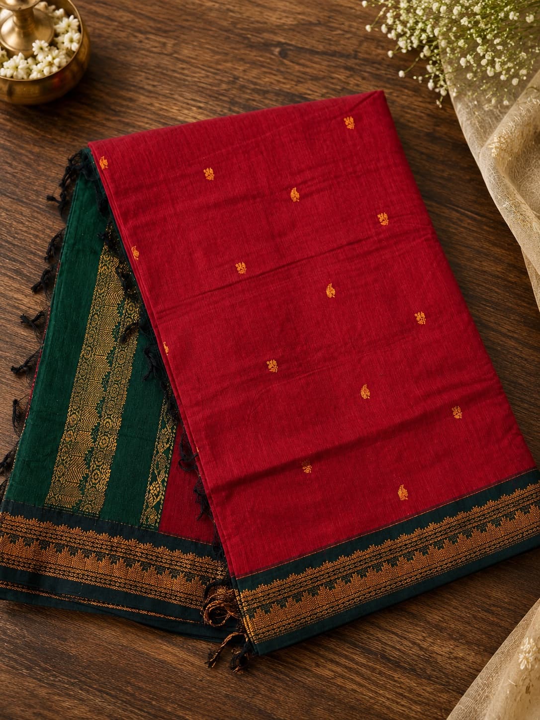 Red And Green Cotton Saree With Zari Border