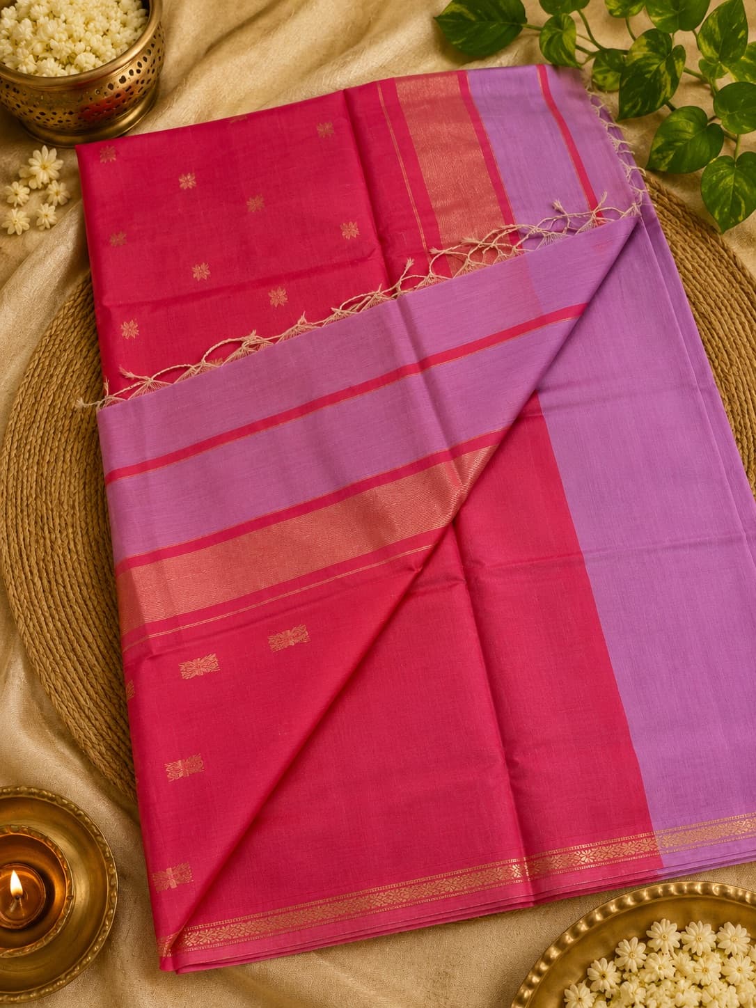 Pink And Lavender Cotton Saree With Zari Border