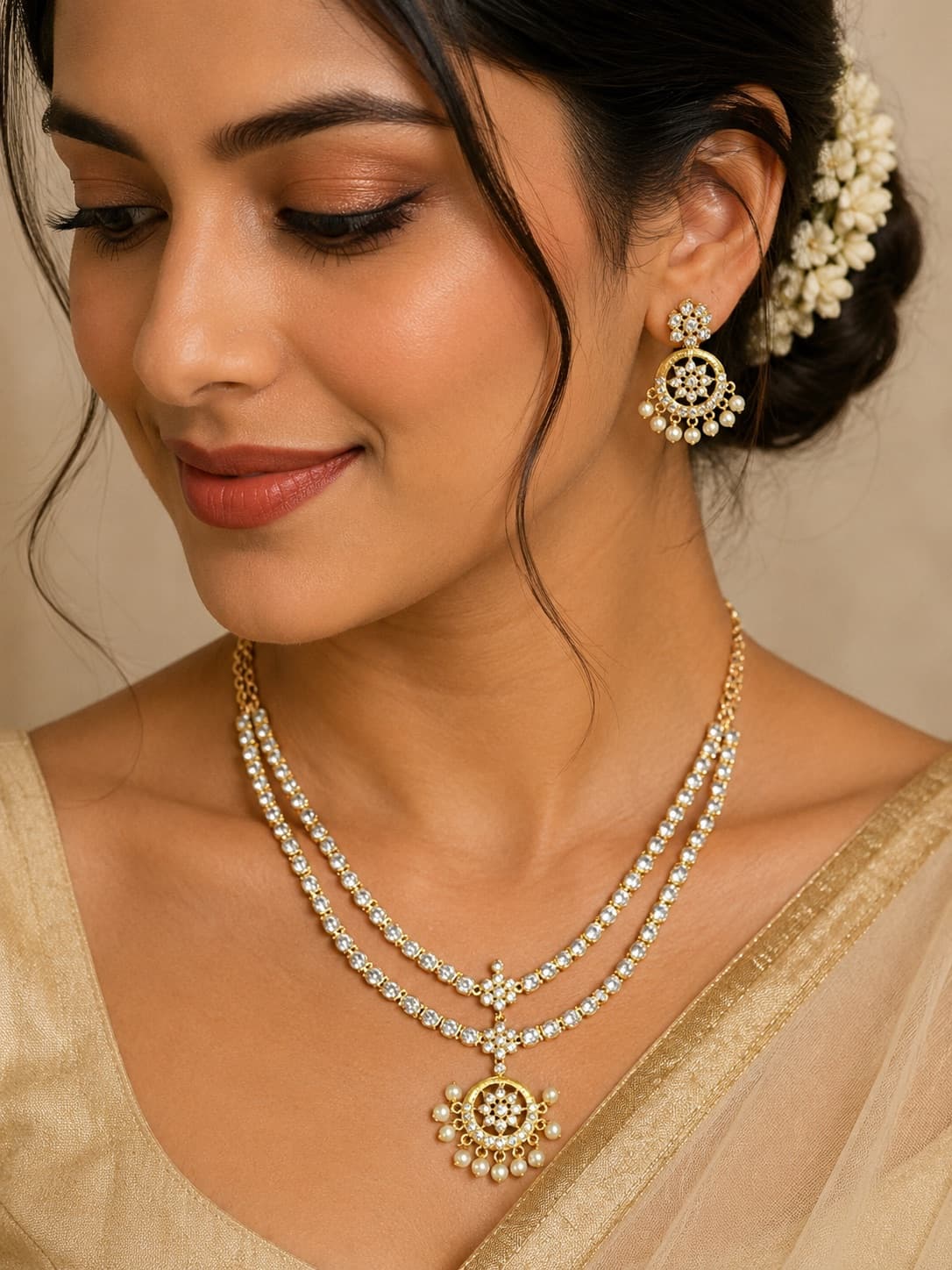 Two-Layer South Indian Attigai Style Necklace Set With Matching Earrings jewellery in White Stone, Fancy Jewellery