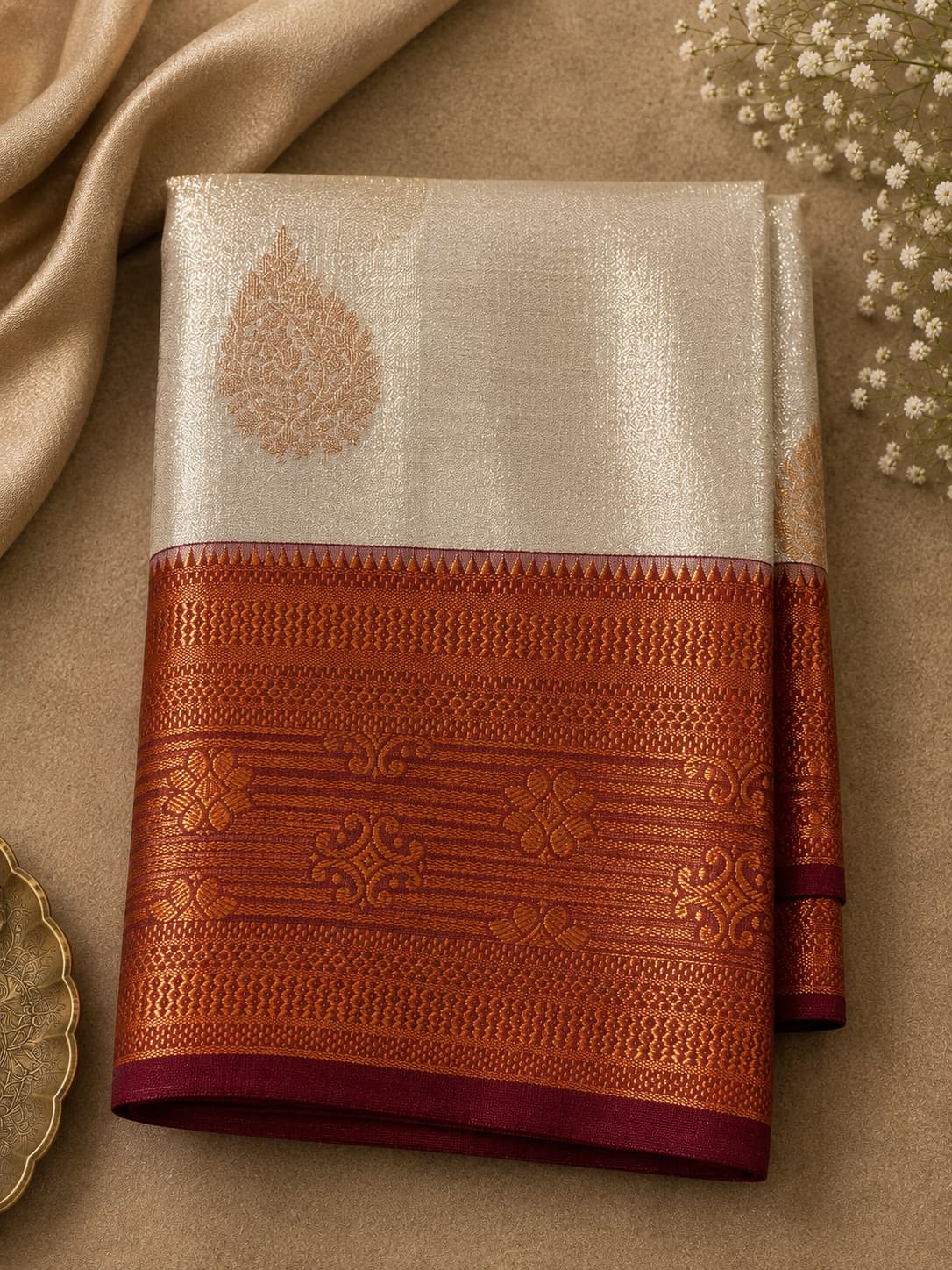 Tissue Semi Silk - Malted Gold Body With Maroonish Coper Border