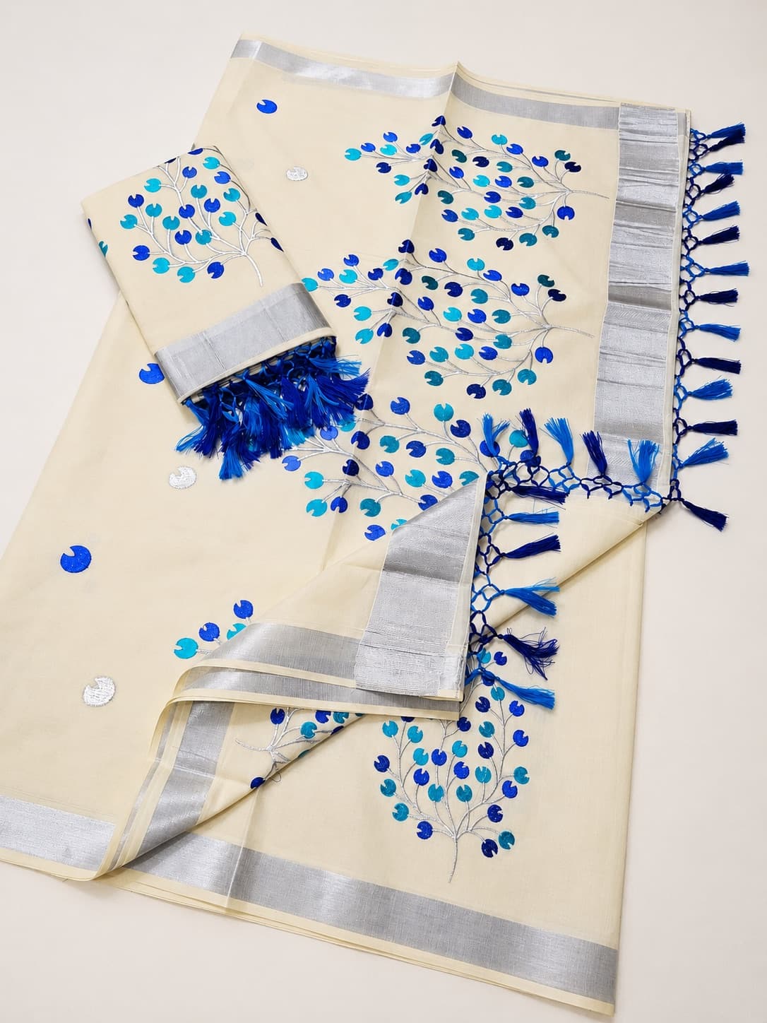 Cream & Blue Floral Embroidered Saree