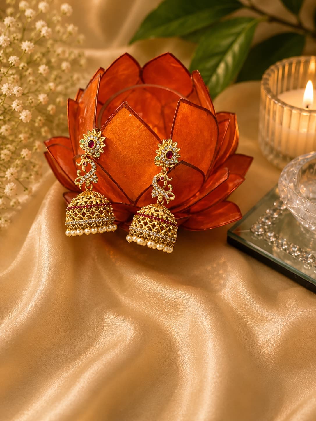 Stone Jumka jewellery in White And Red Stone Work, Fancy Jewellery