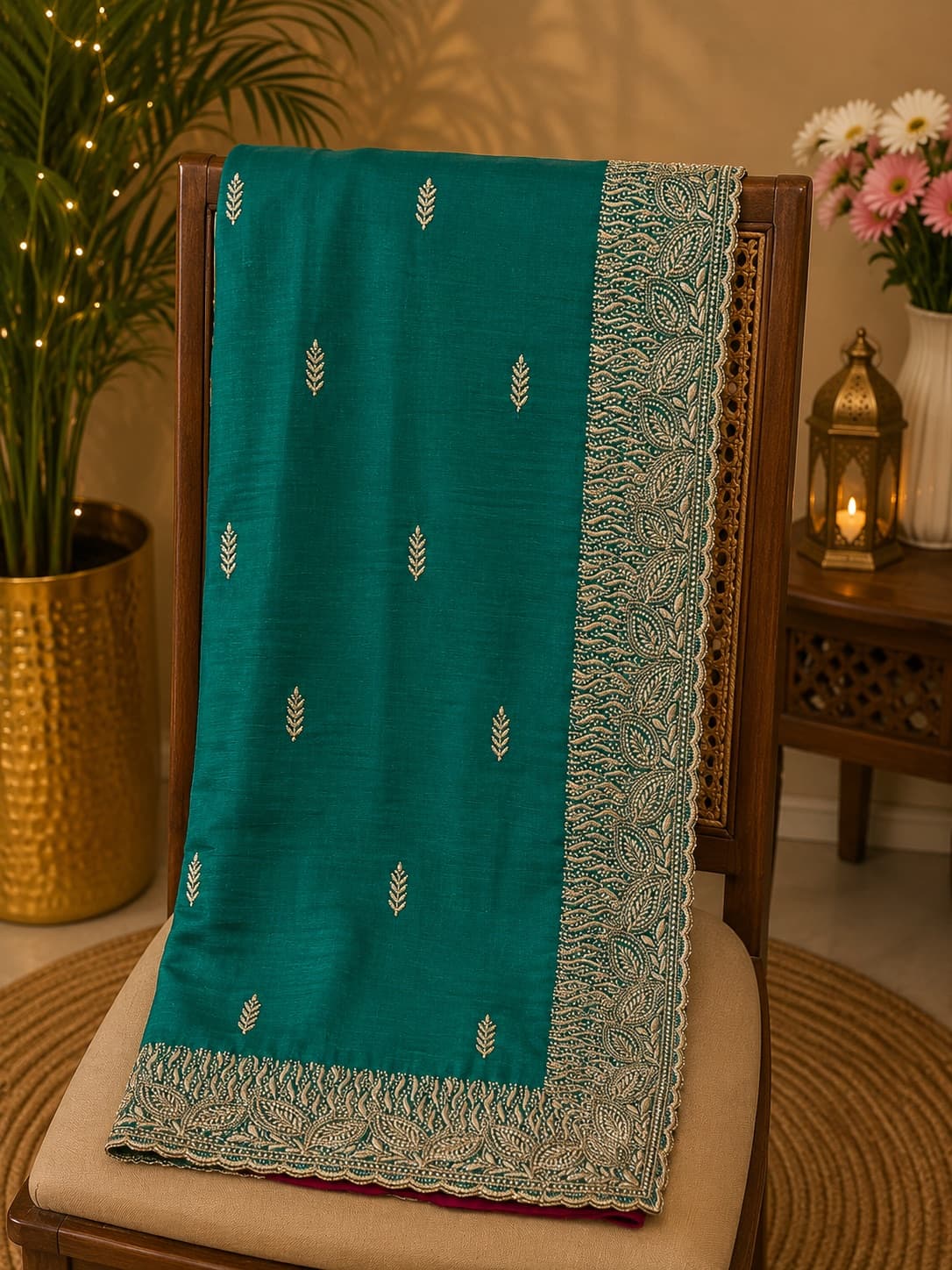 Synthetic Embroidery Fancy Turquoise Saree