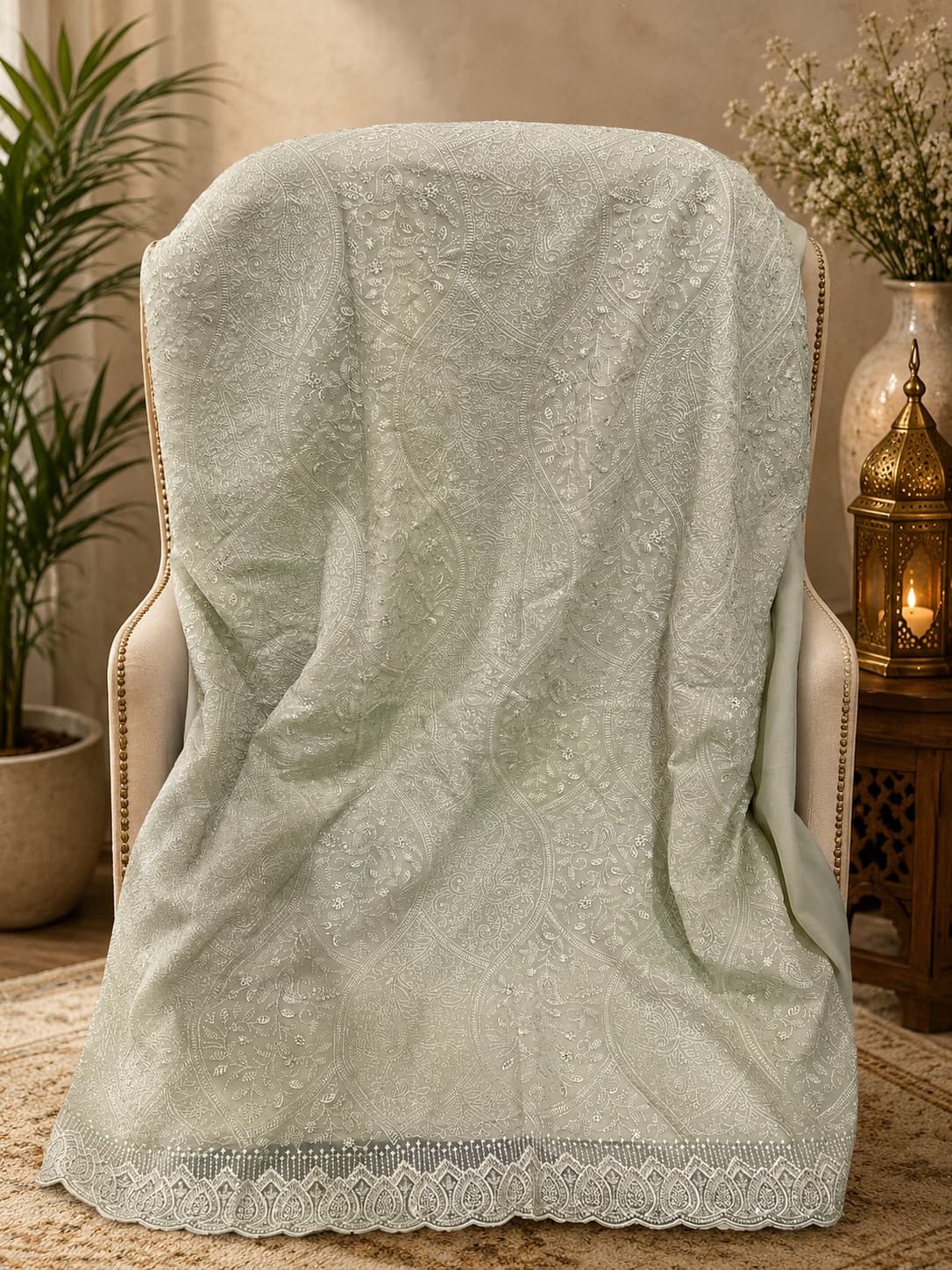 Chiffon Embroidery Fancy Pastel Green Saree
