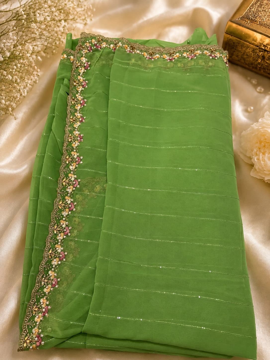 Parrot Green Chiffon Fancy Saree