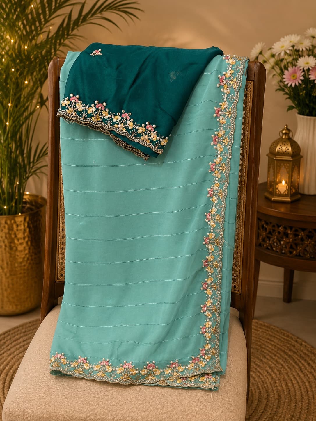 Sea Green Saree With Emerald Green Embroidered Blouse