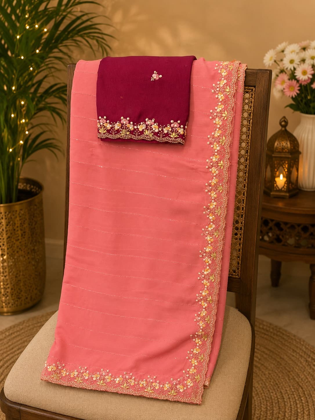 Coral Pink Saree With Wine Embroidered Blouse