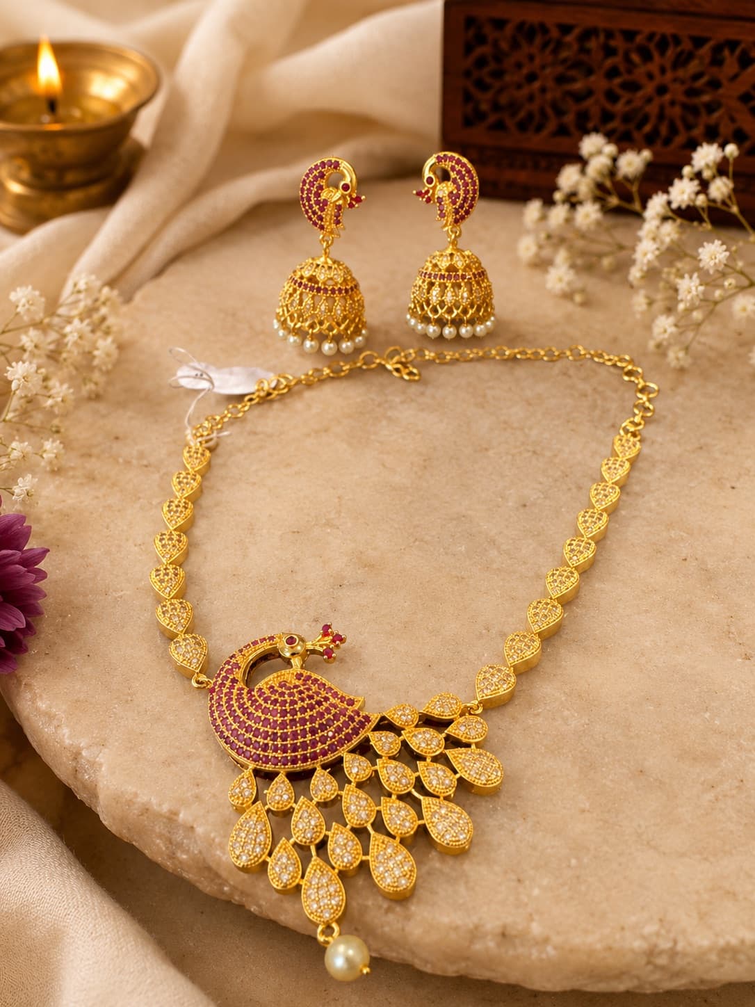 Peacock Design Ruby Stone Gold Plated Necklace jewellery in Gold / Ruby Red, Fancy Jewellery