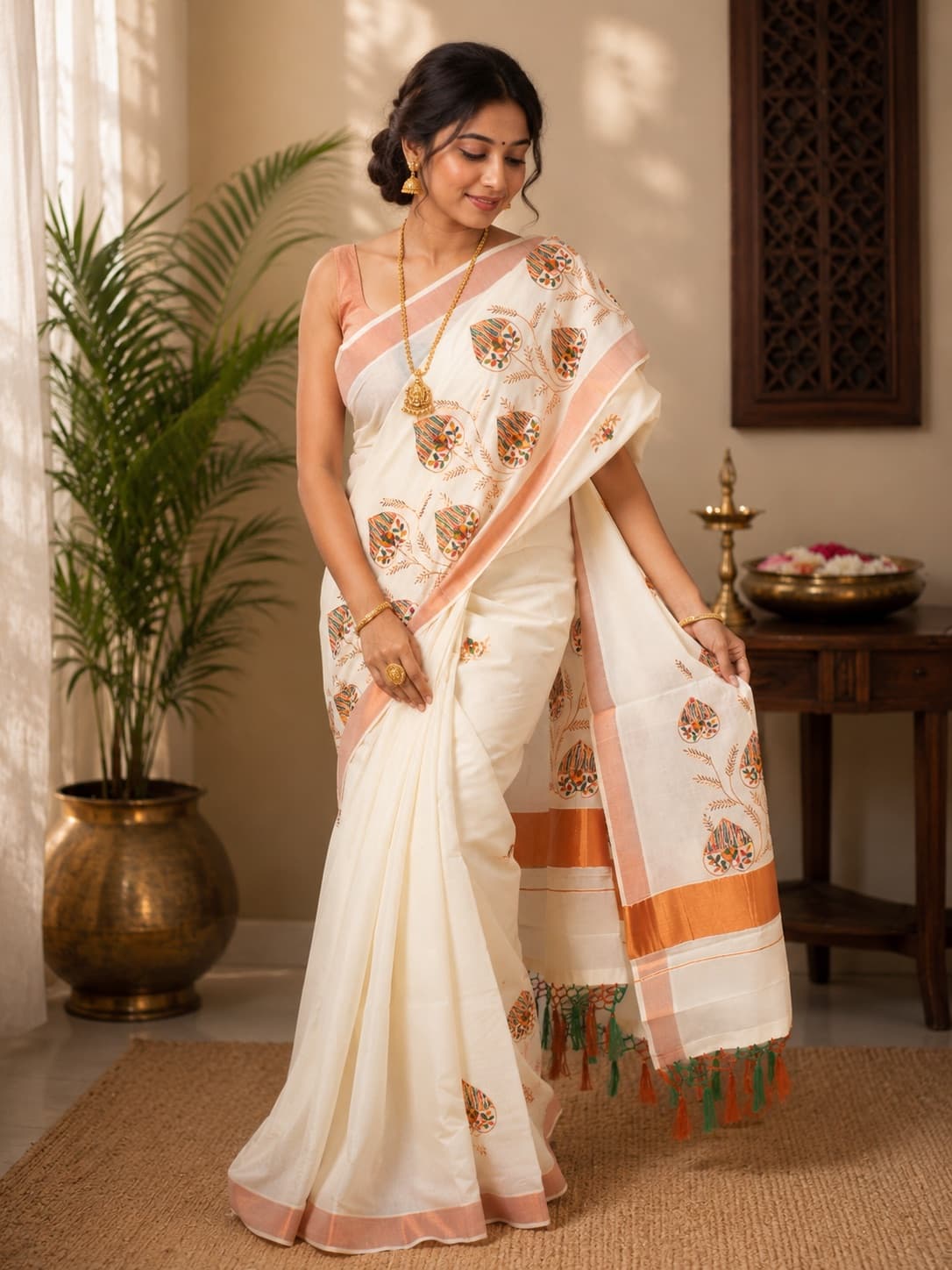 Off-White Kerala Cotton Saree With Floral Prints in Off-White / Peach And Gold