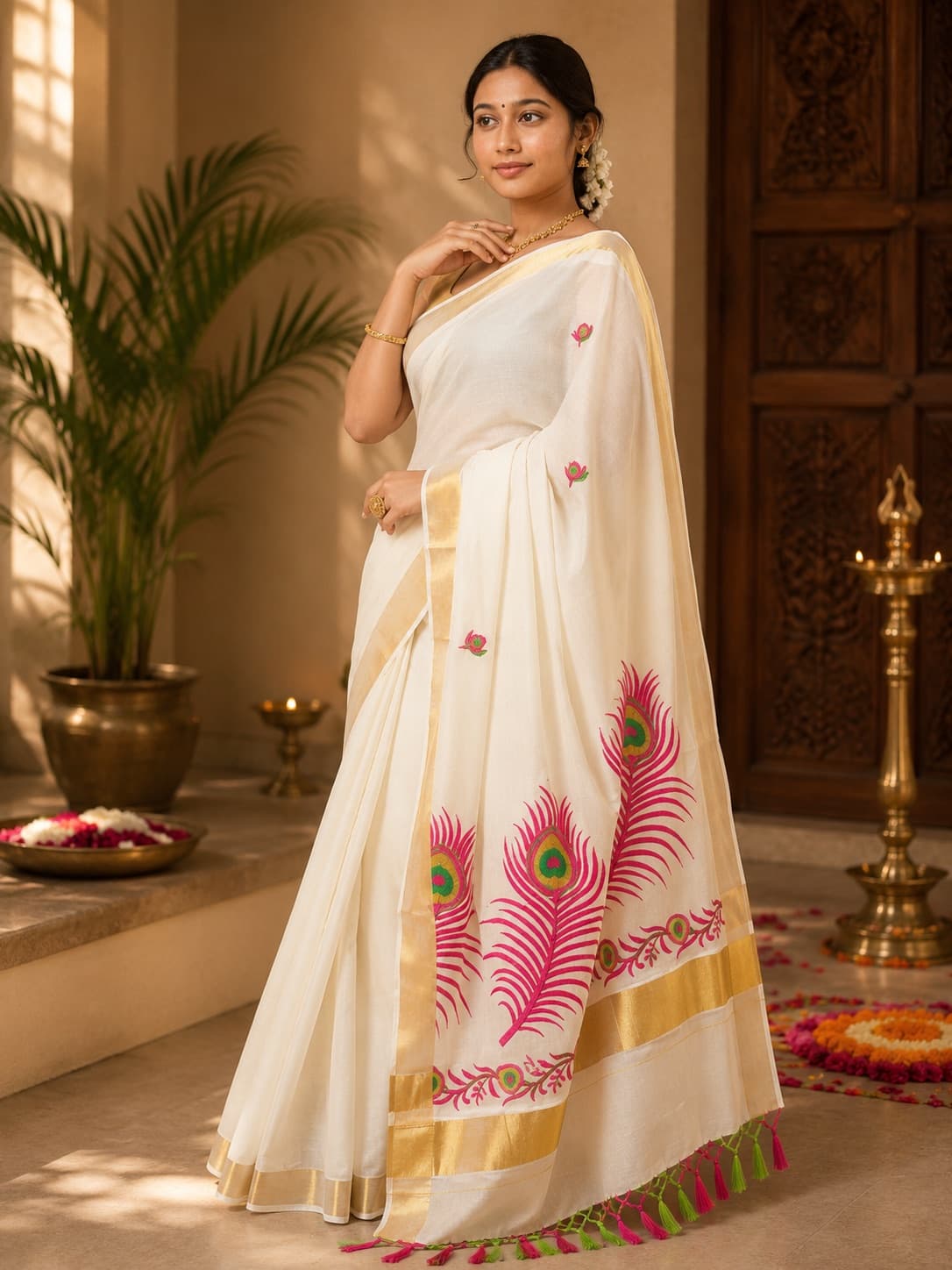 White Peacock Feather Kerala Cotton Saree