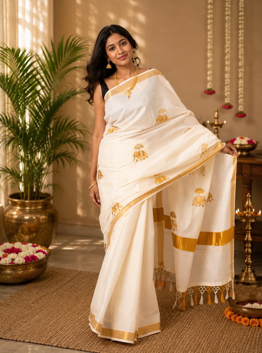 Kerala Kasavu Saree With Elephant Motifs