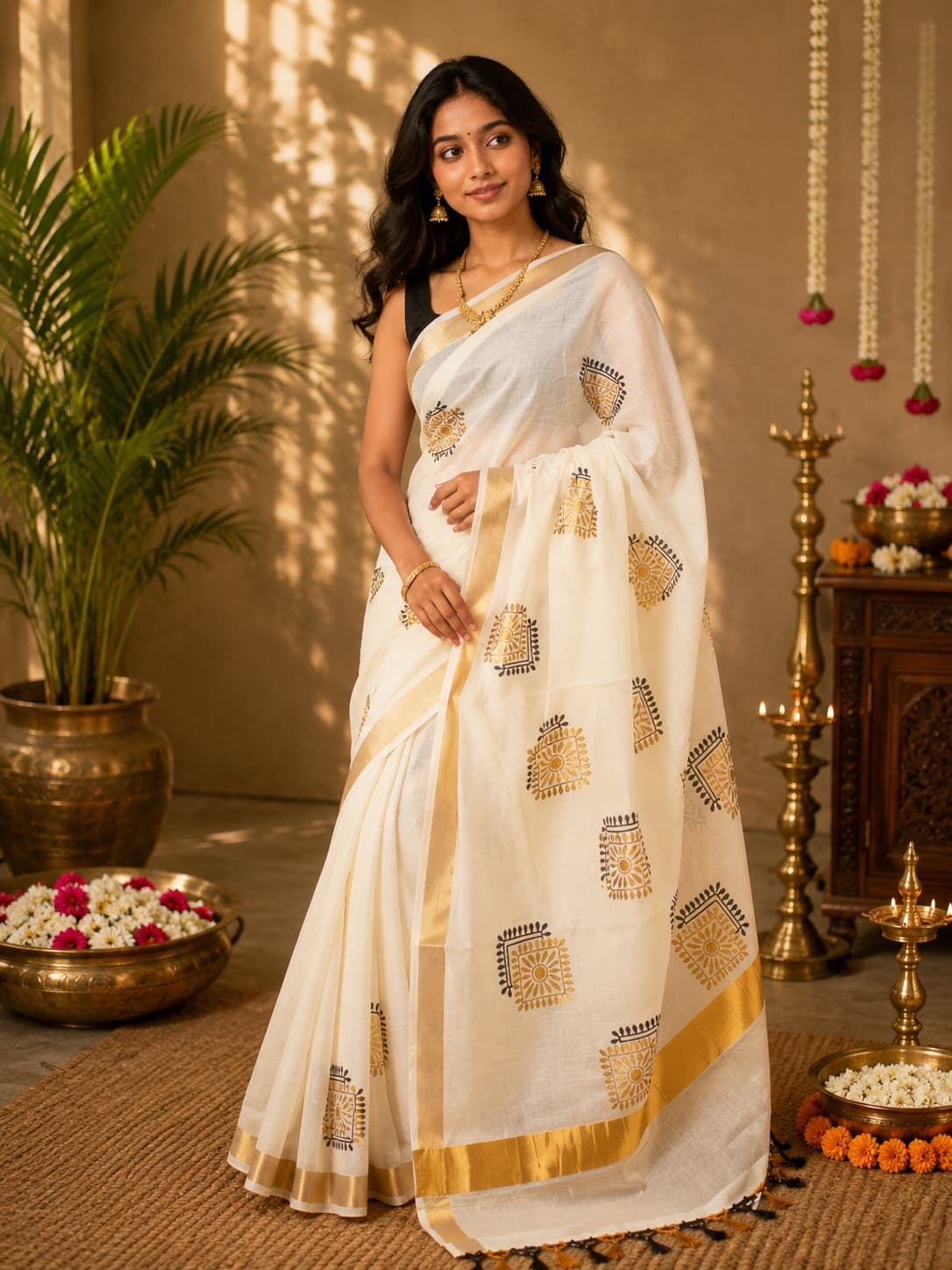 Off-White Cotton Saree With Gold And Black Prints