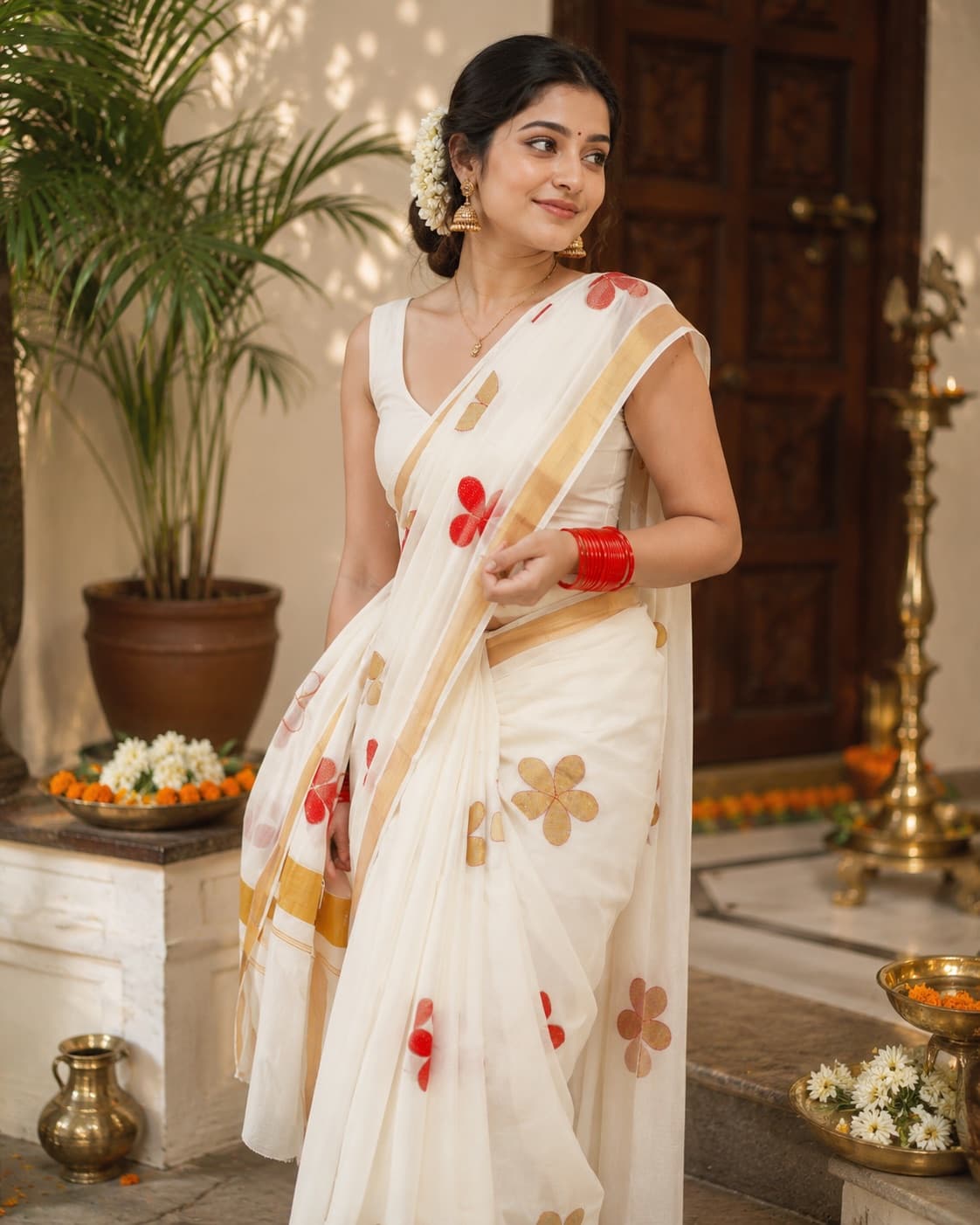 White And Gold Floral Print Saree